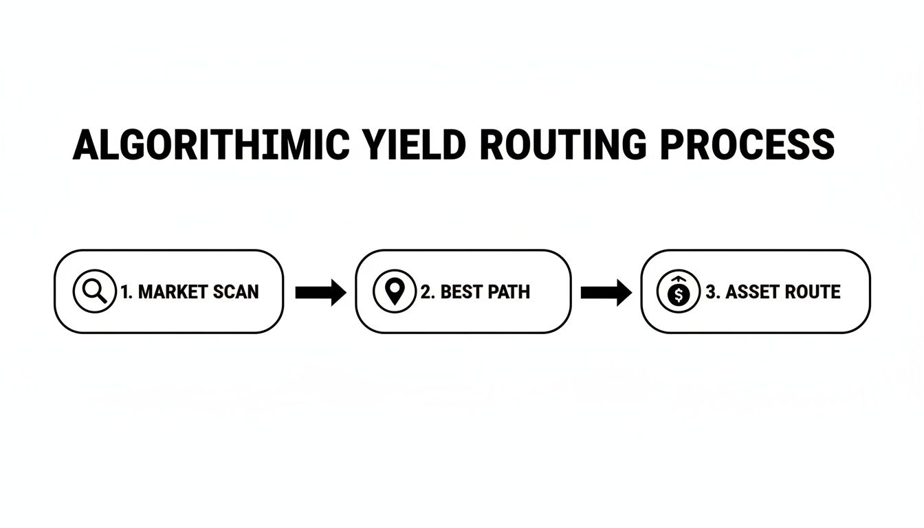 A flowchart illustrating the algorithmic yield routing process with three steps: market scan, best path, and asset route.