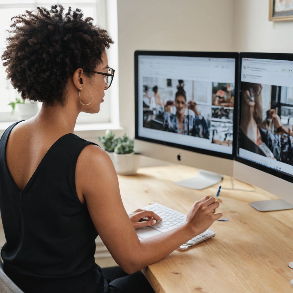 woman editing photos on her computer with two moniters