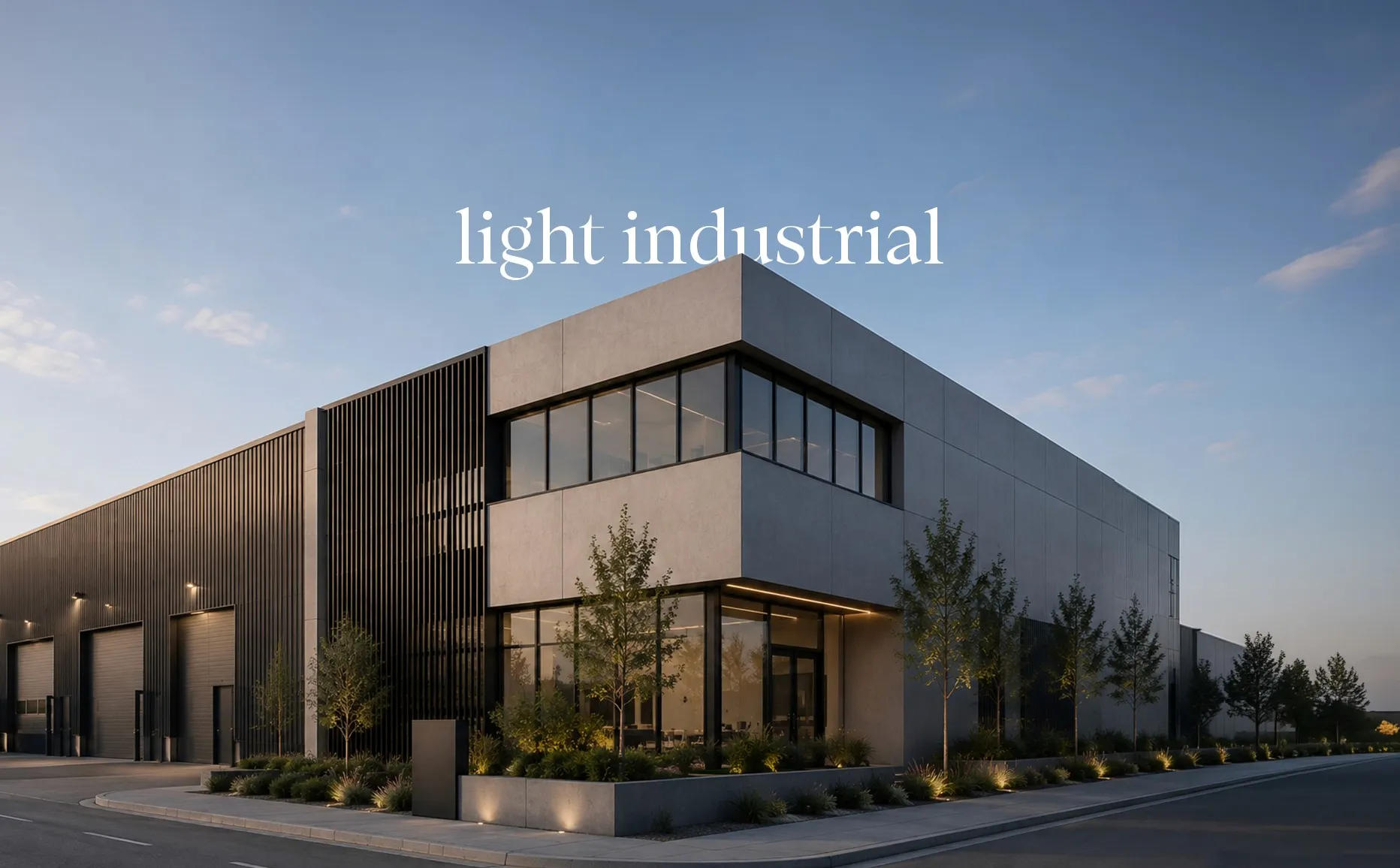 3D render of a modern building with a “light industrial” text