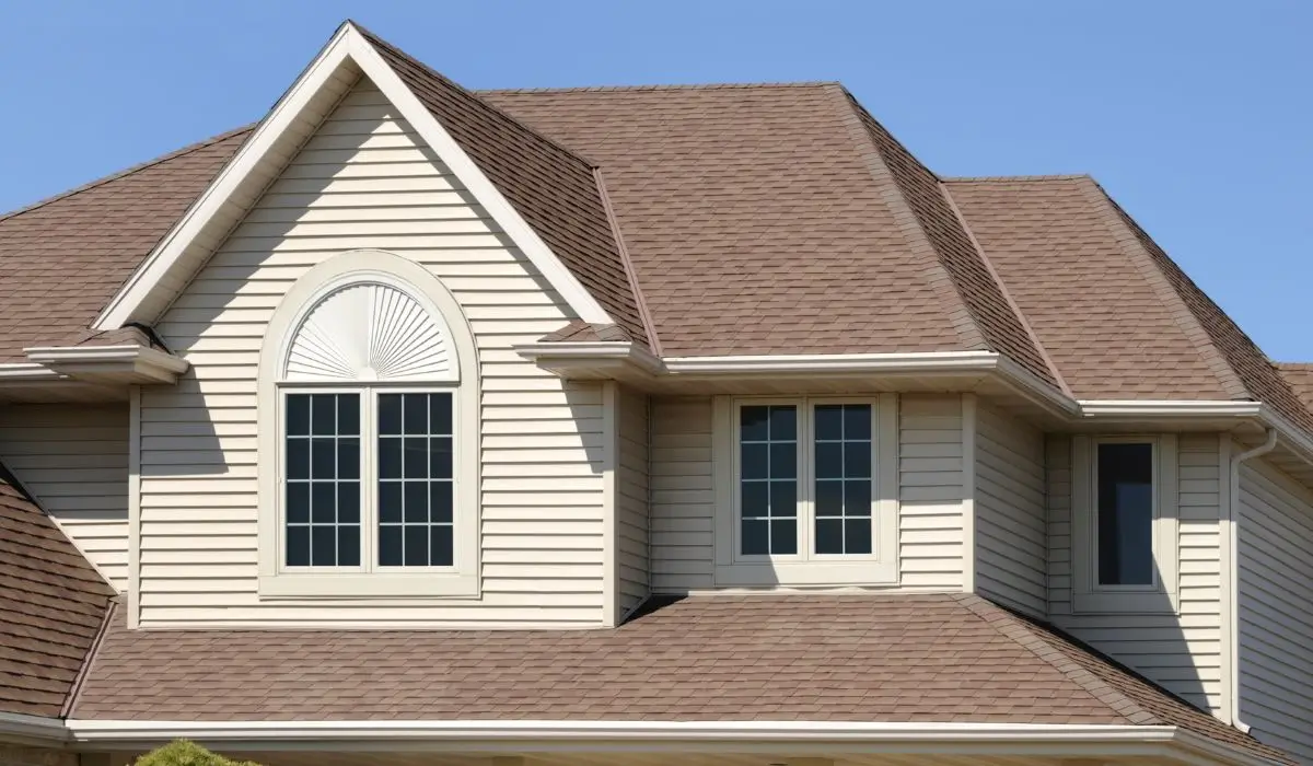Close-up view of beige vinyl siding installed on a Burr Ridge Property with gables and trim details.