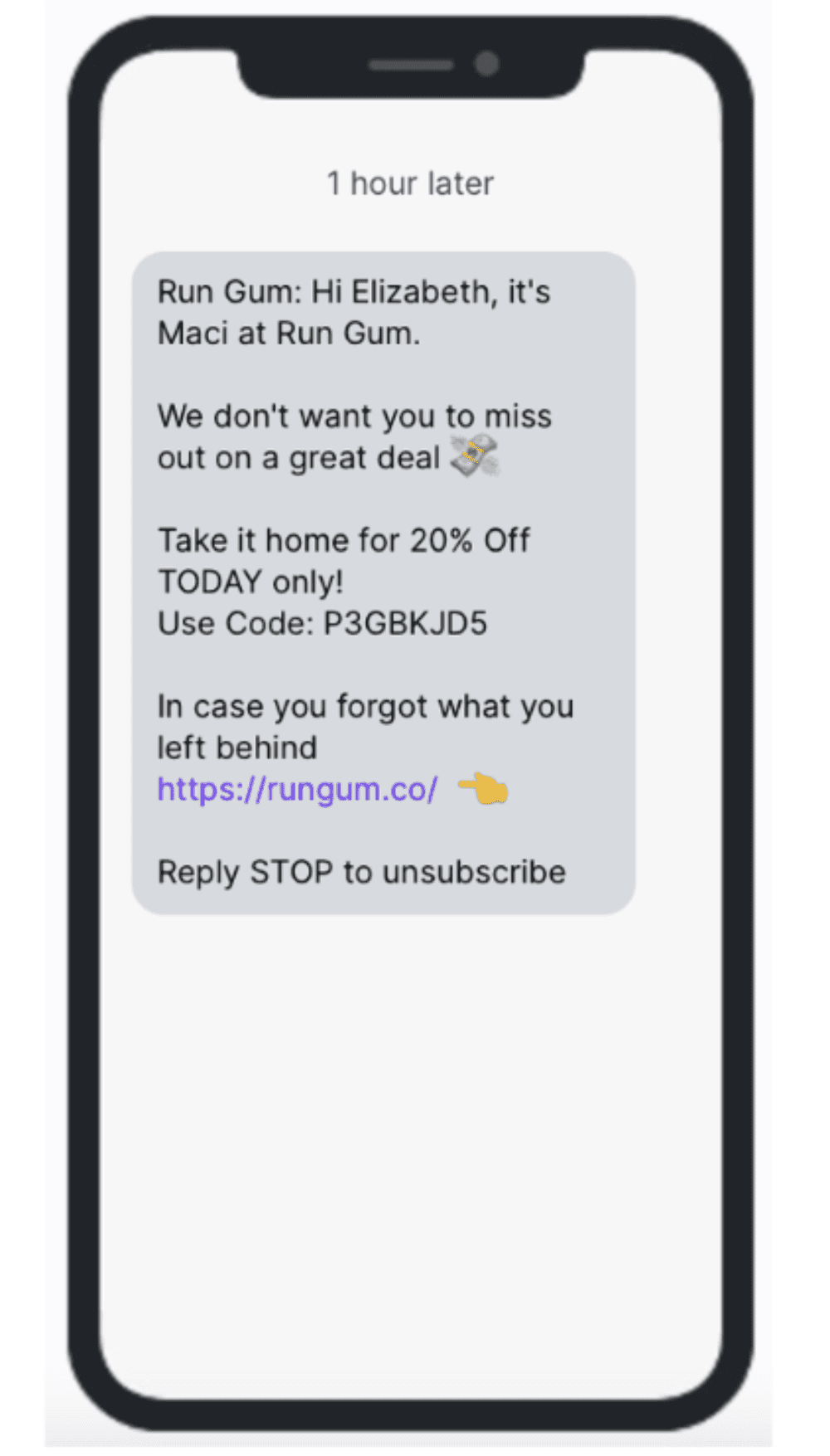 Run Gum SMS.png: SMS preview from Run Gum offering a 20% discount with an urgency-driven message.