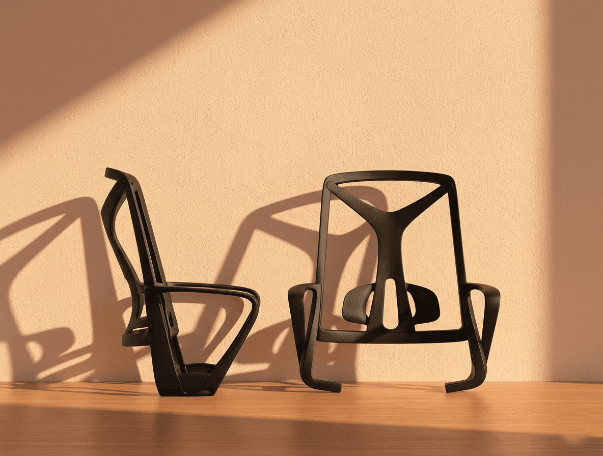 A professional ergonomic office chair backrest frame from SingOFai Furniture, shown in side and front views. The matte black plastic component features a structural Y-shaped central support and integrated, curved armrest loops. The design includes a specialized lumbar support section with vertical cutouts for airflow and flexibility. The product is staged on a polished wood surface against a textured, sunlit wall, with dramatic shadows emphasizing its modern, architectural silhouette.