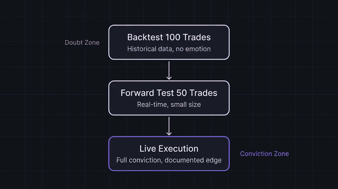 Flowchart showing the three stages from doubt to conviction through backtesting, forward testing, and live execution
