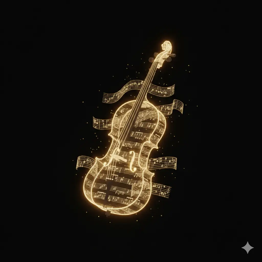 Glowing golden violin silhouette formed from musical notes and flowing staff lines against a black background