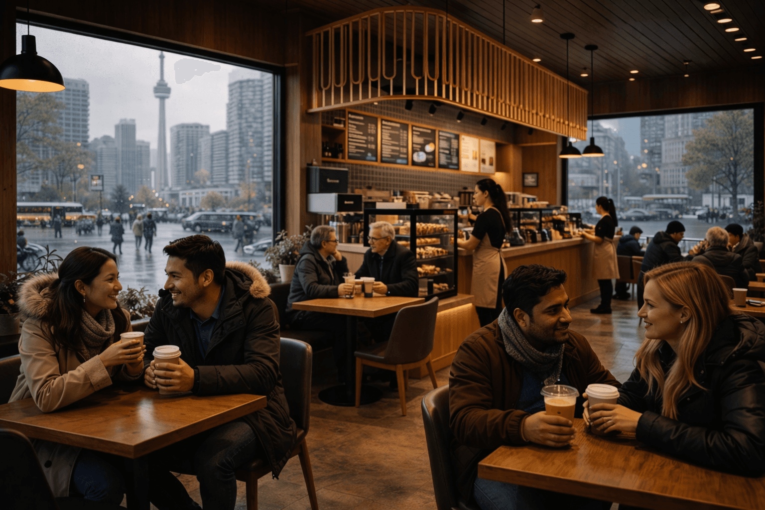 Couple seated at a café table near floor-to-ceiling windows, holding drinks with a city street visible outside.