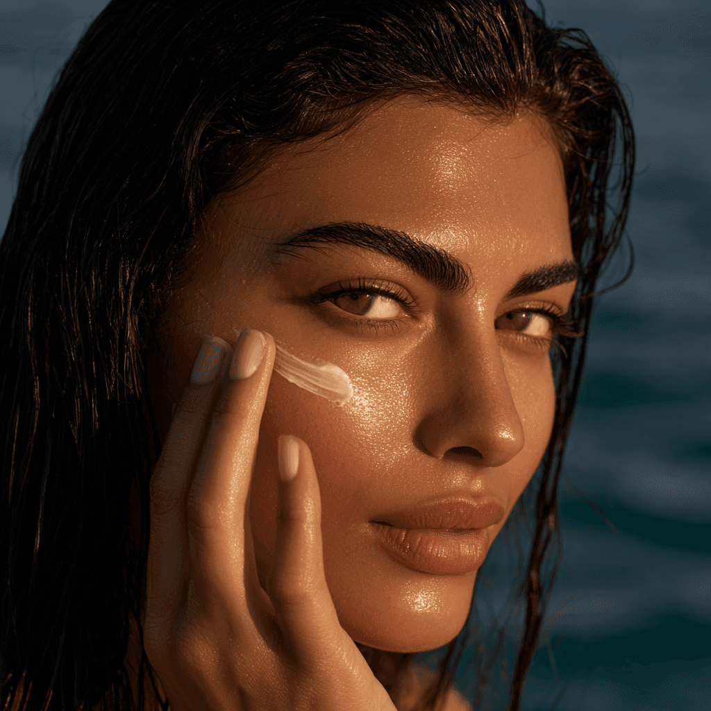 Women on beach applying cream on face portrait