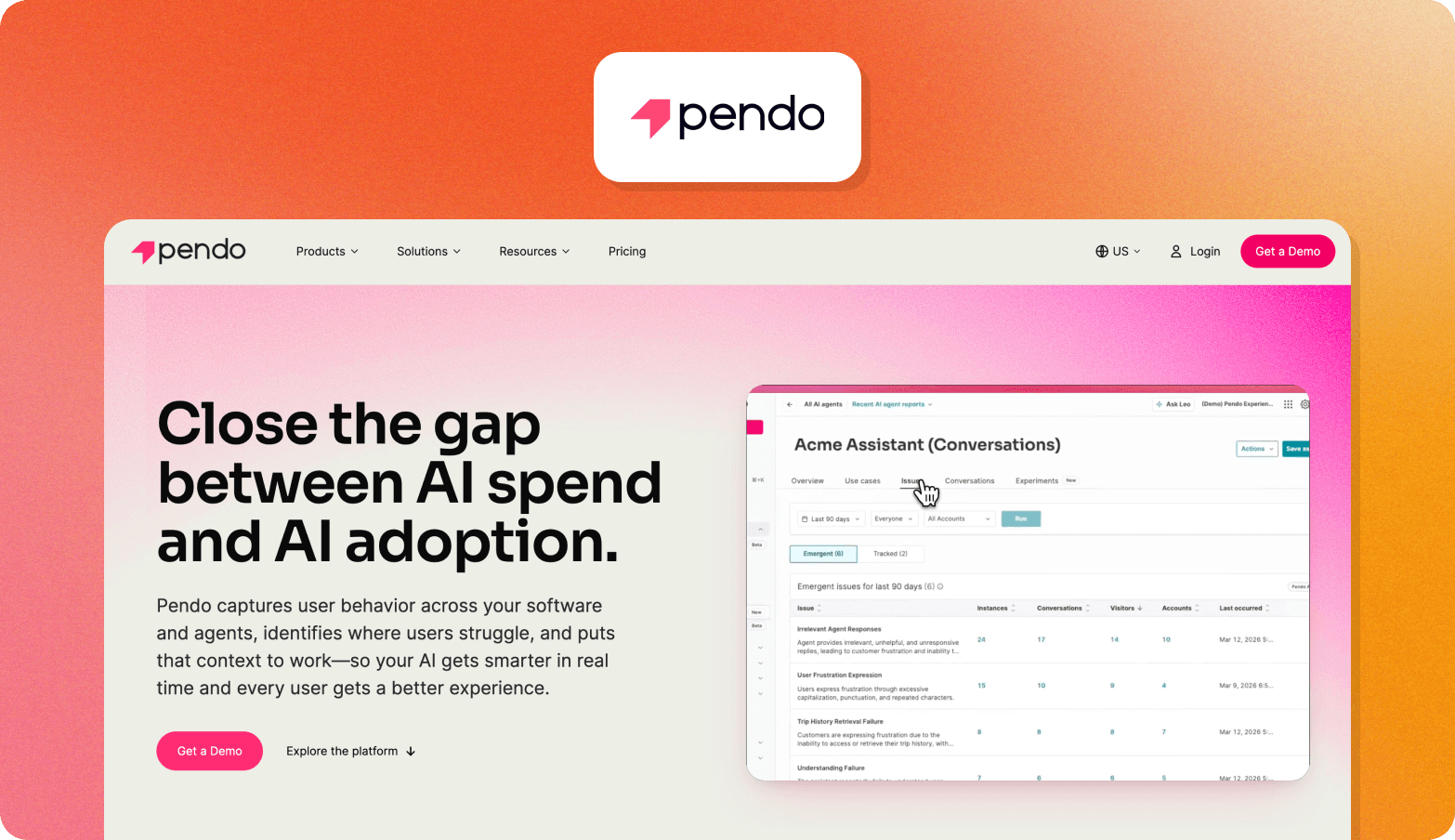 A product screenshot graphic on a warm orange-to-pink gradient background. At the top, a white rounded card displays the Pendo logo — a pink geometric arrow icon alongside the dark wordmark "pendo." Below, a screenshot of the Pendo website is shown, featuring a navigation bar with links for Products, Solutions, Resources, and Pricing, plus Login and a pink "Get a Demo" button. The hero section has a light background with the bold headline "Close the gap between AI spend and AI adoption." alongside a description paragraph and "Get a Demo" and "Explore the platform" buttons. To the right, a product UI screenshot shows an "Acme Assistant (Conversations)" dashboard with tabs for Overview, Use cases, Issues, Conversations, and Experiments, displaying a table of emergent issues including "Irrelevant Agent Responses," "User Frustration Expression," "Trip History Retrieval Failure," and "Understanding Failure" with associated metrics.