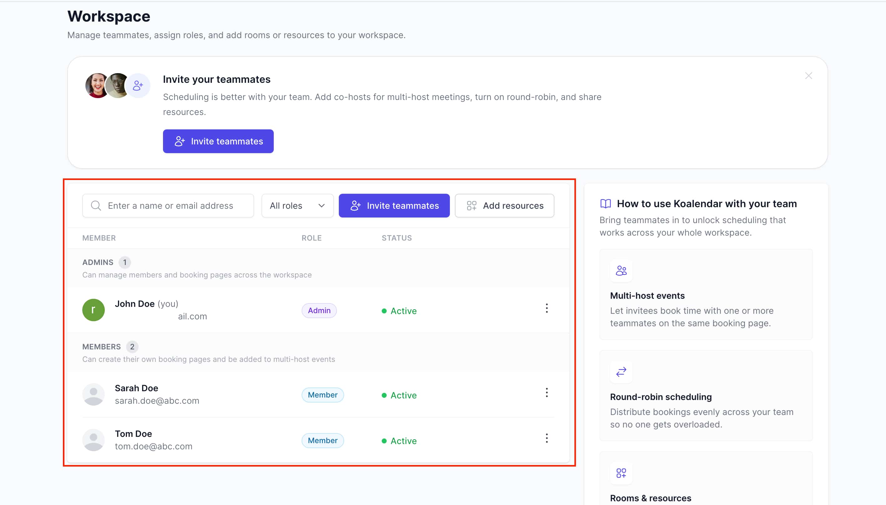 Koalendar team settings page showing team members added