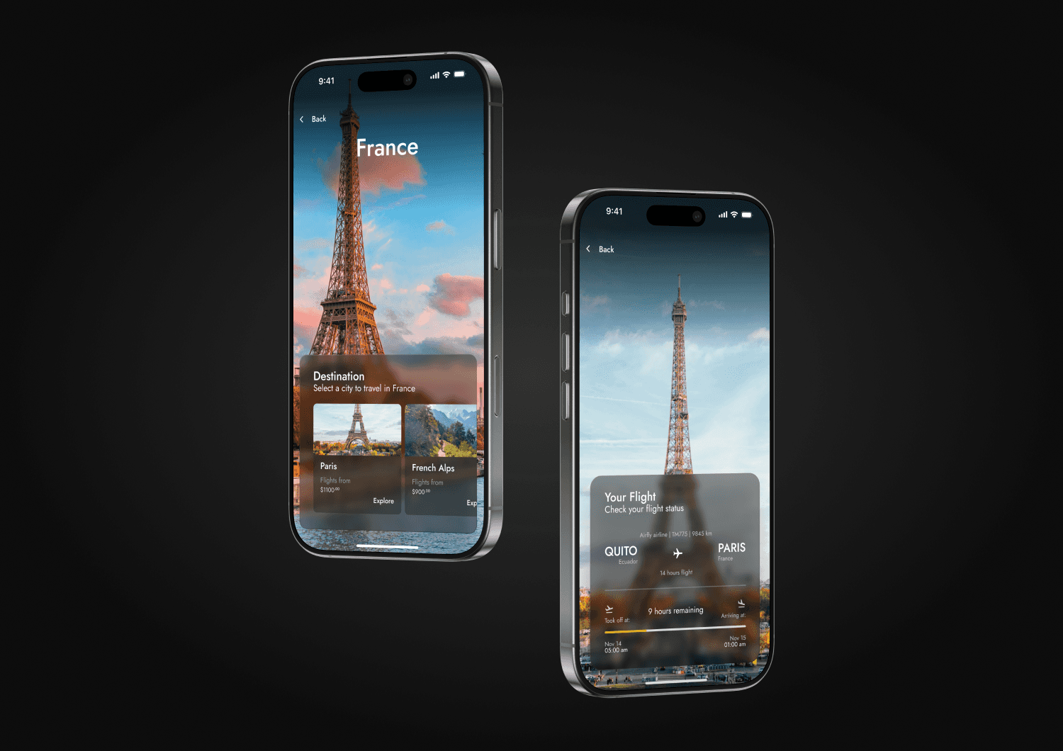 Travel app UI showcase featuring France destination selection and flight status screens on mobile devices.