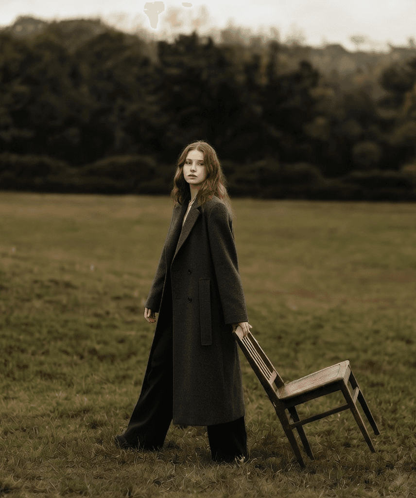 Woman walking across a field carrying a wooden chair