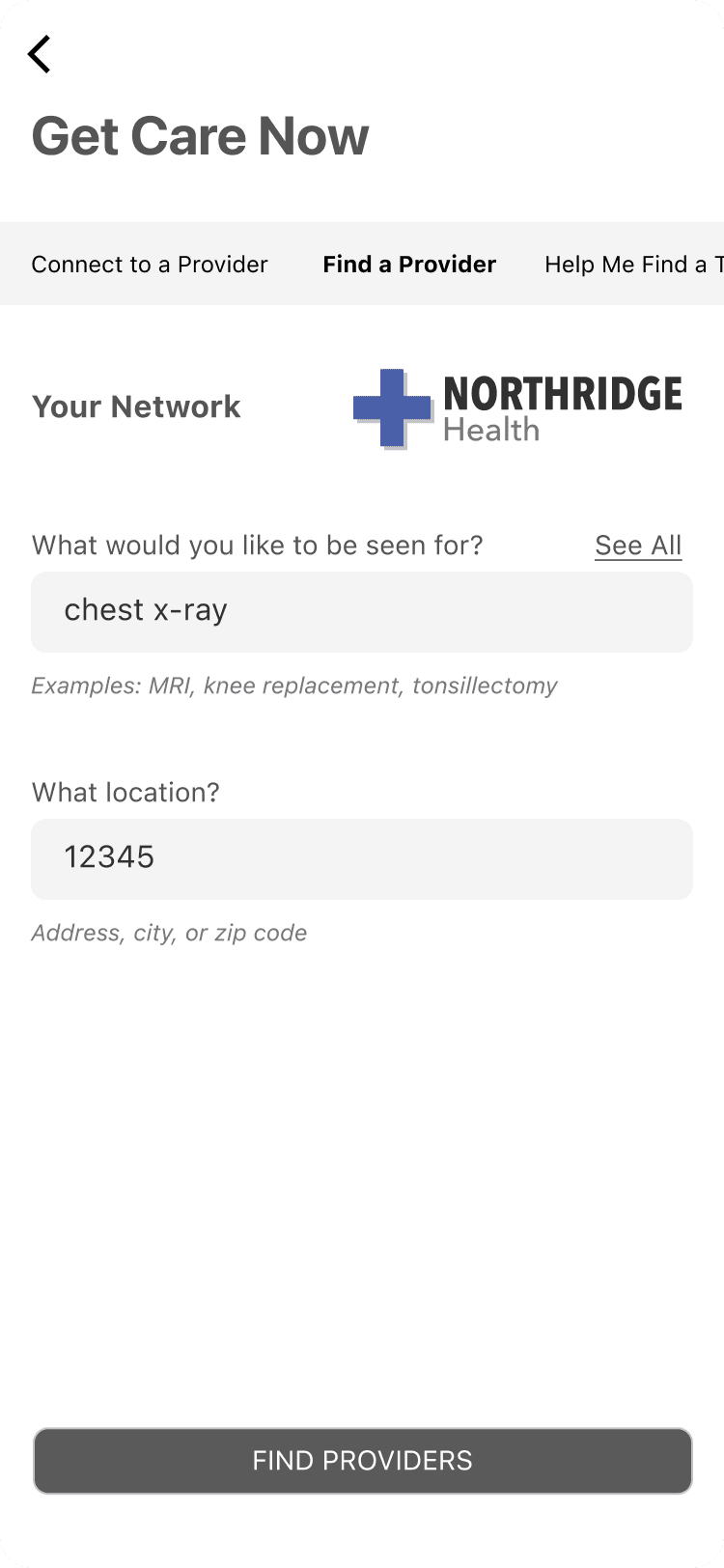 Get care now, find a provider page