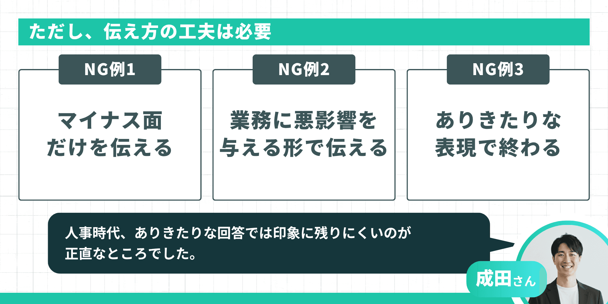 伝え方の工夫が必要：NG例1 マイナス面だけを伝える、NG例2 業務に悪影響を与える形で伝える、NG例3 ありきたりな表現で終わる
