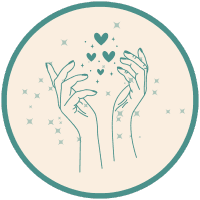 Two hands raised toward sparkling hearts within a teal circle, symbolizing laying-on-of-hands healing