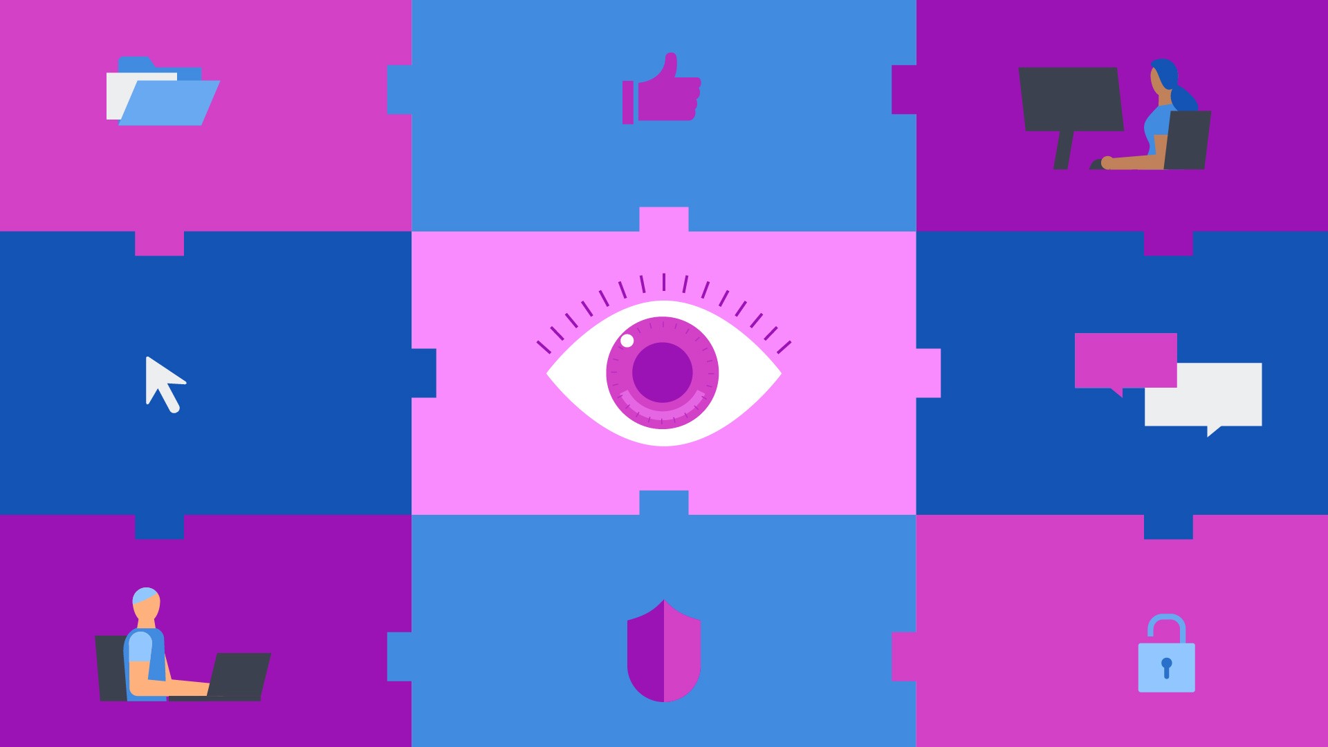 Illustration with colorful tiles, where each tile holds an icon relevant to business.