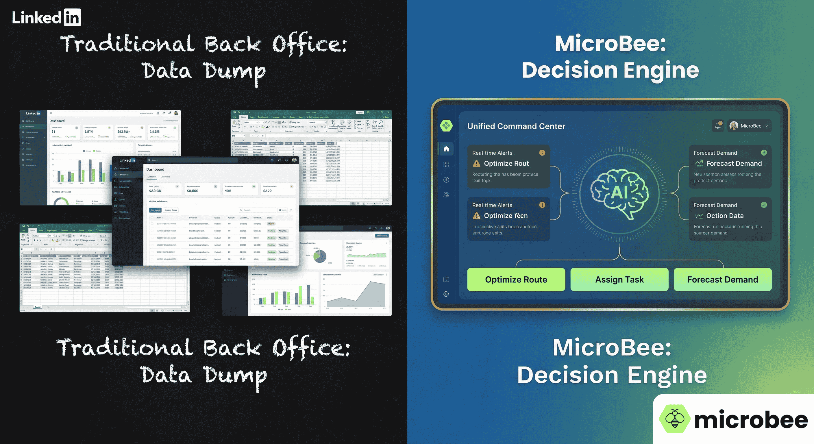 Split-screen comparison showing traditional casino back office with cluttered dashboards and spreadsheets versus MicroBee's unified AI-powered decision engine with clean interface and real-time alerts