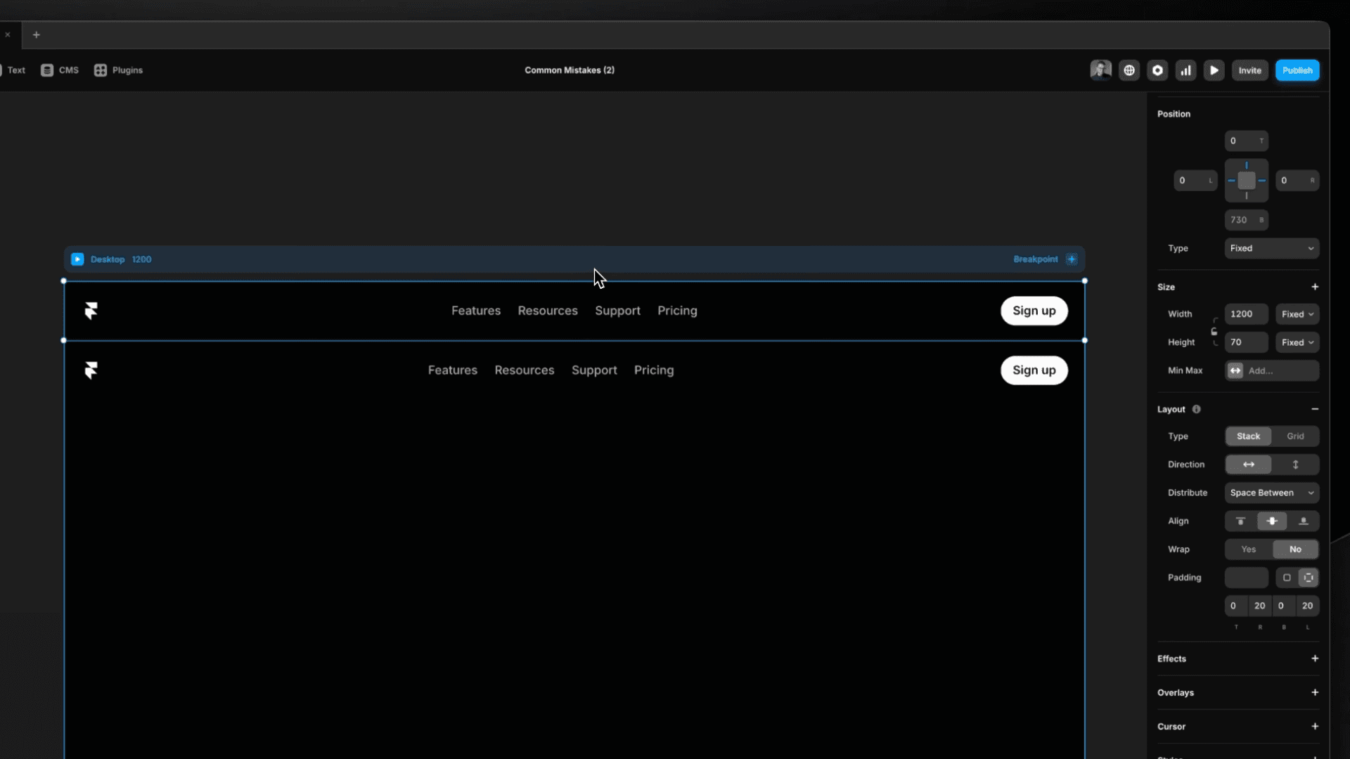 Design interface showing the layout of a website navigation bar in a dark mode environment, including menu options for Features, Resources, Support, Pricing, and a 'Sign Up' button, with adjustable settings displayed on the side panel