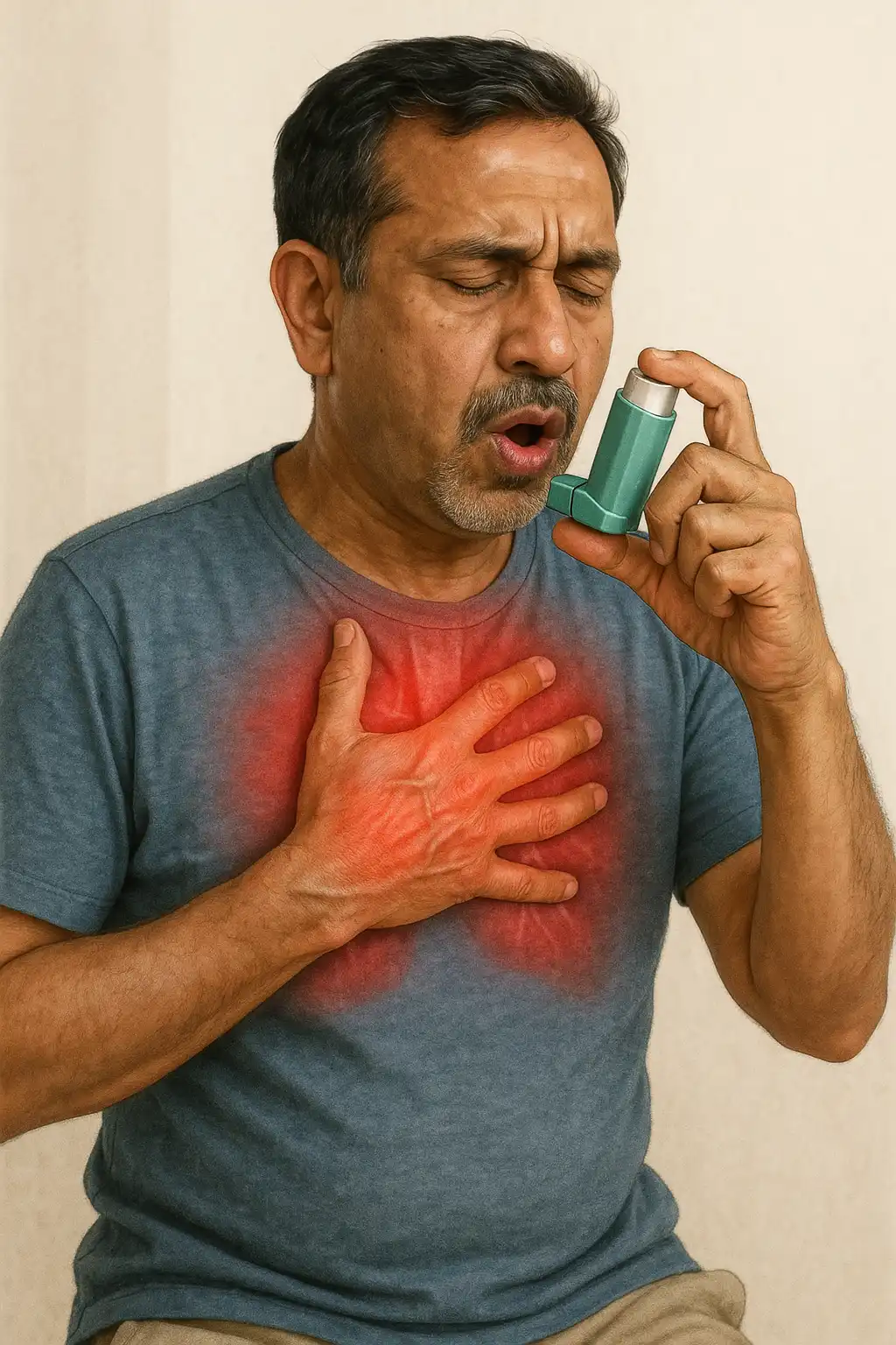 A man clutching his chest and struggling to breathe while using an inhaler, with a red glow highlighting chest discomfort associated with pulmonary fibrosis.