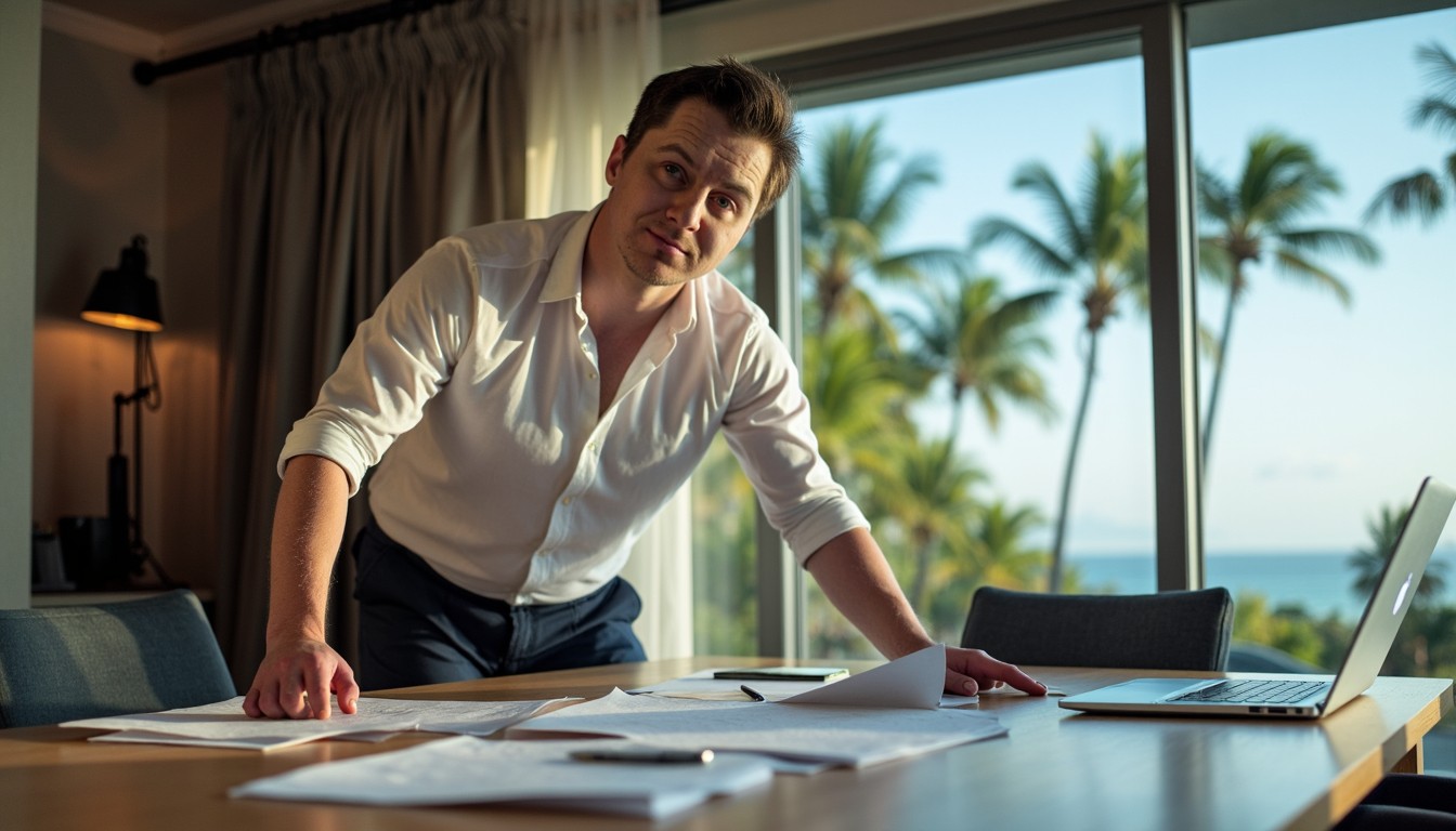 Business man hunched over table looking at marketing strategy in plans, papers and post it notes.