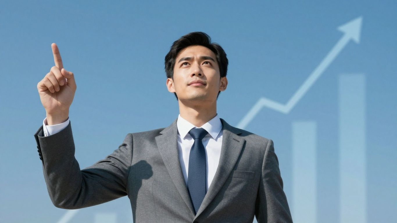 Business professional pointing upwards, indicating financial growth.