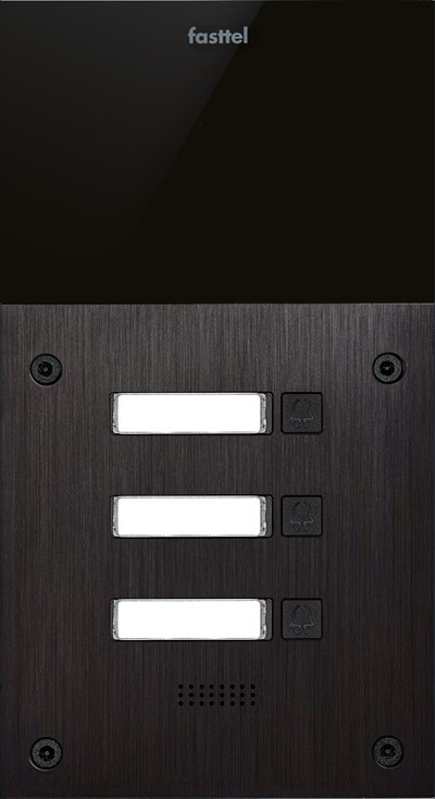 Black smart home device with screen showing time and temp