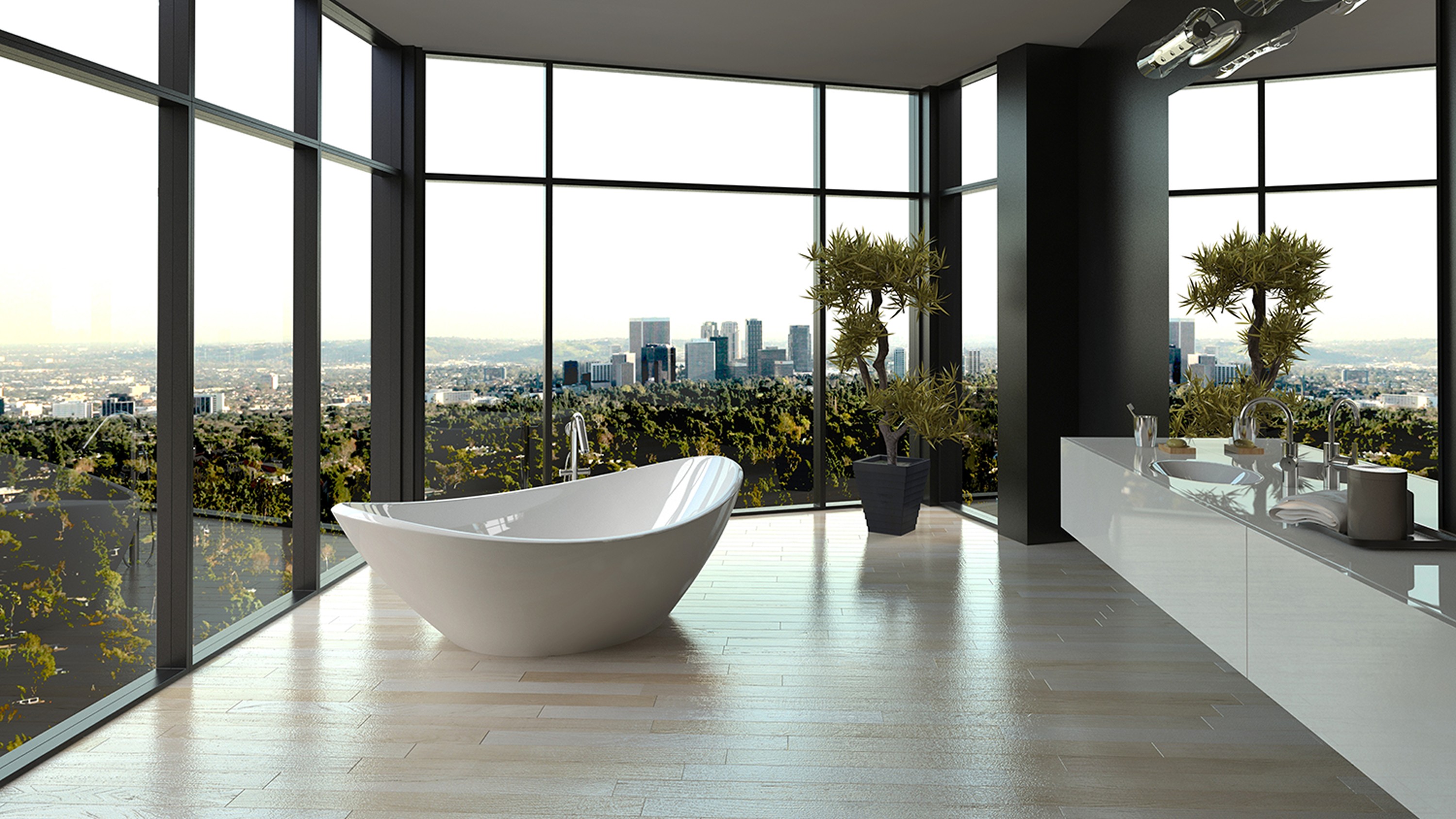 Casa de banho de luxo com janelas inteligentes de vidro transparente que revelam uma vista panorâmica da linha do horizonte da cidade.