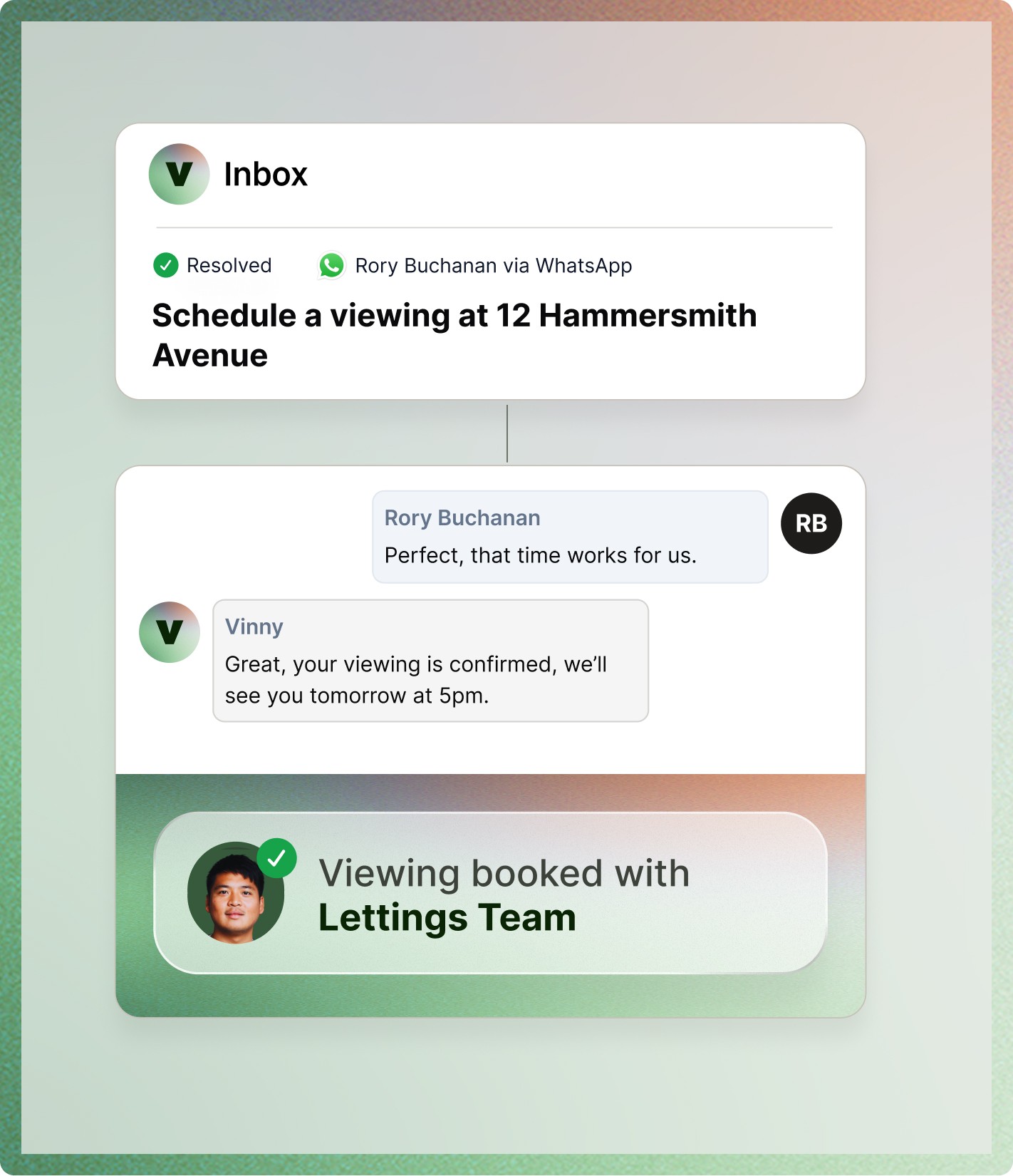 Vinny, the AI teammate for property management, confirms viewings, resolves enquiries, and keeps every task under control.