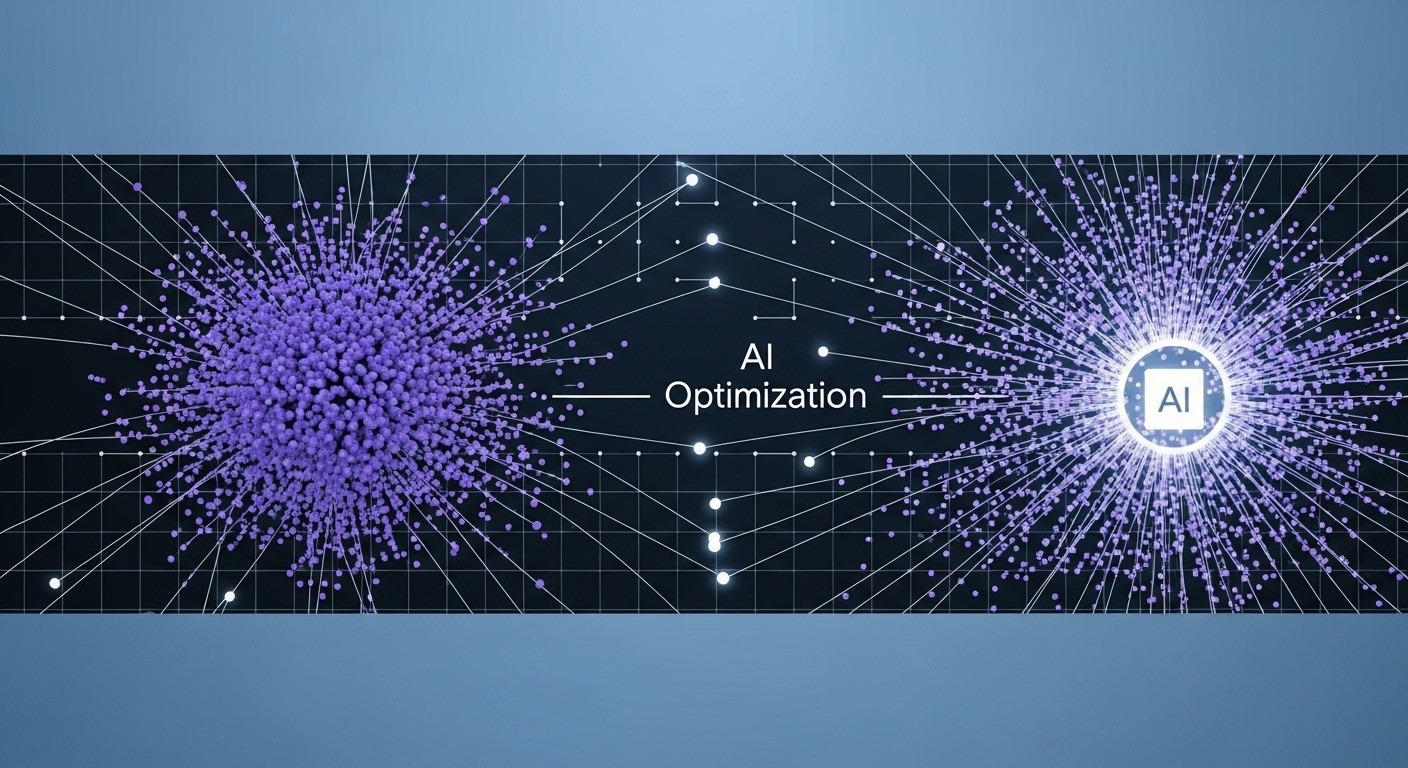 Visualization of AI optimization turning fragmented authority signals into a structured knowledge network for stronger search visibility