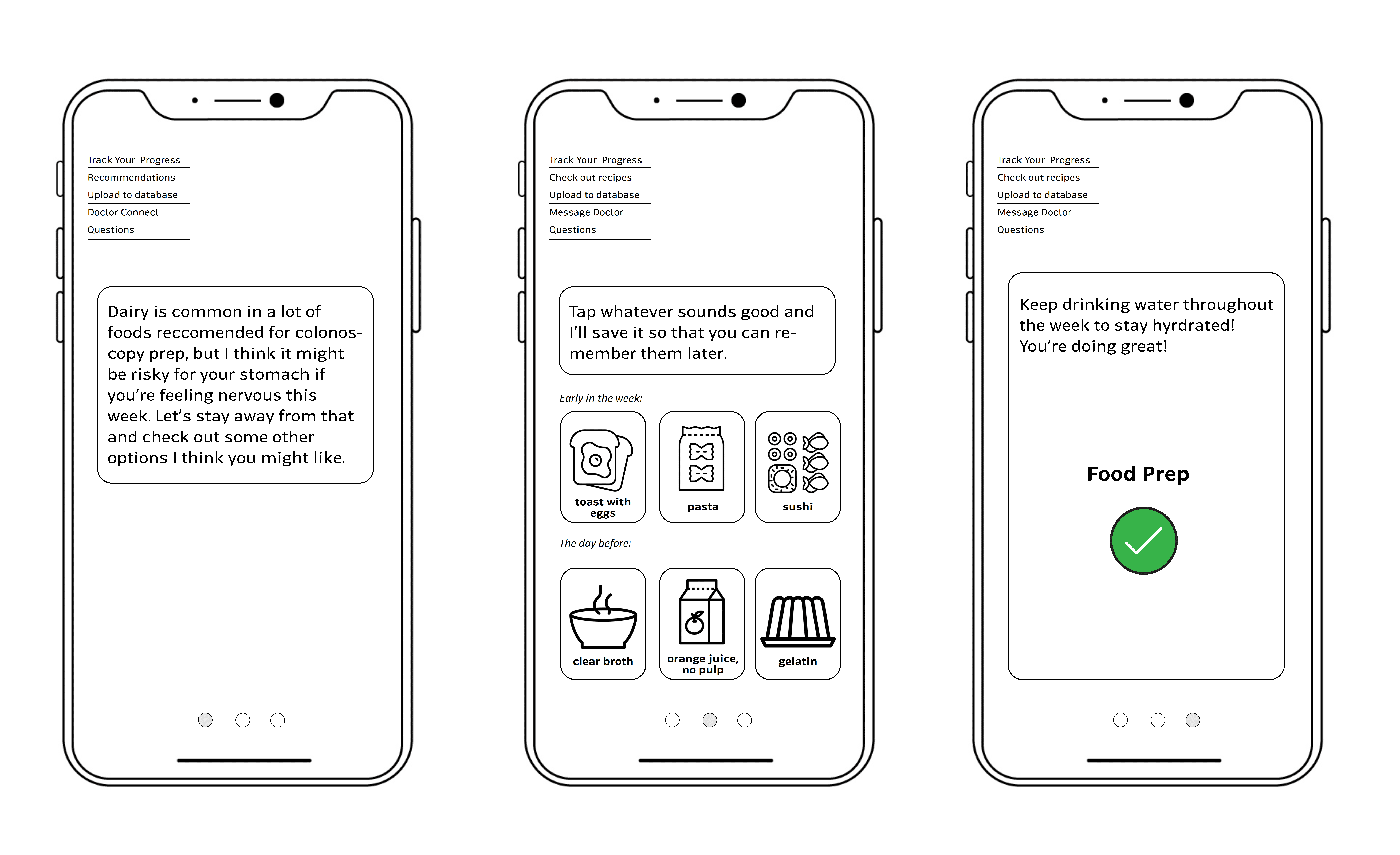 Another set of 3 phone screens offering dietary advice, suggestions with simple icons, and encouragement to stay hydrated, ending with a green checkmark for food prep.