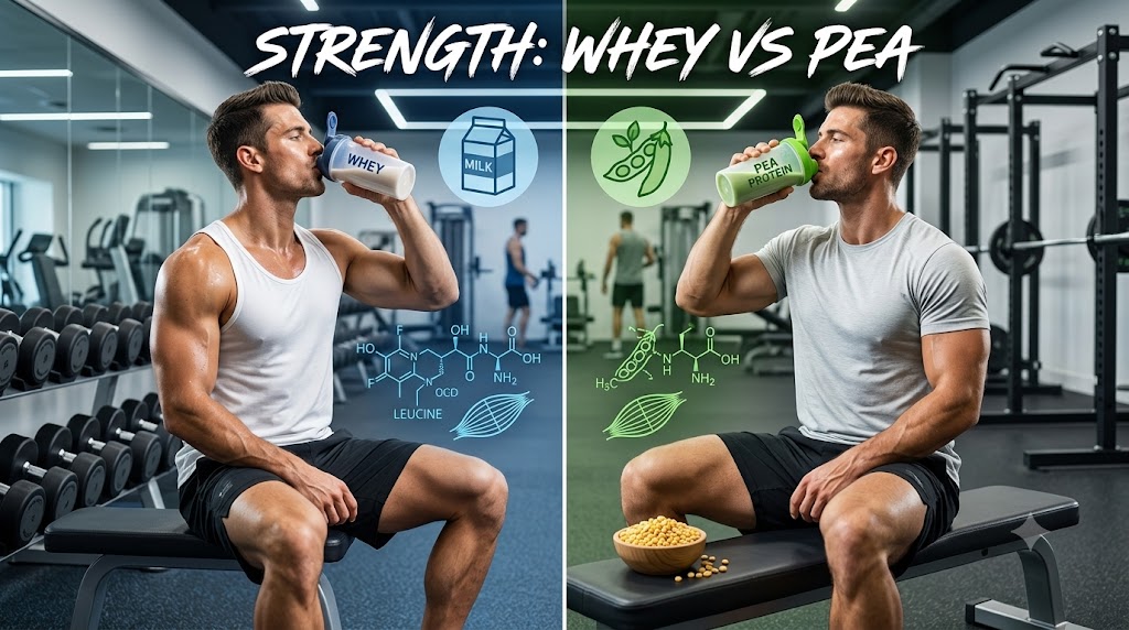 A split-screen comparison in a gym setting; a bodybuilder on the left drinks a whey protein shake (blue theme, leucine formula), and a bodybuilder on the right drinks a pea protein shake (green theme, plant icon). Both show powerful muscles.