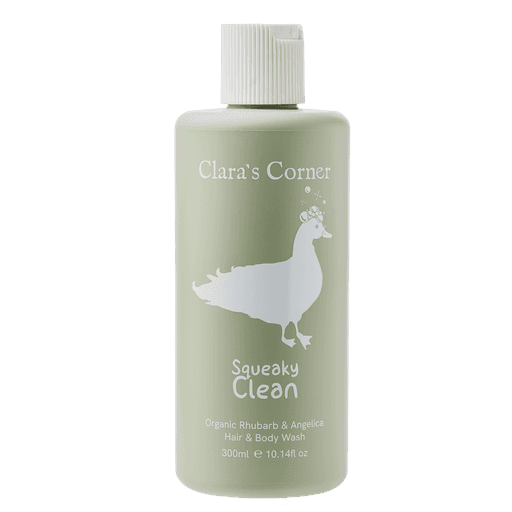 Clara's Corner Baby's Squeaky Clean Organic Hair & Body Wash in a 300ml eucalyptus green VIVOMER bottle. A non-toxic, baby-safe packaging solution that functions like plastic but leaves no microplastics behind.