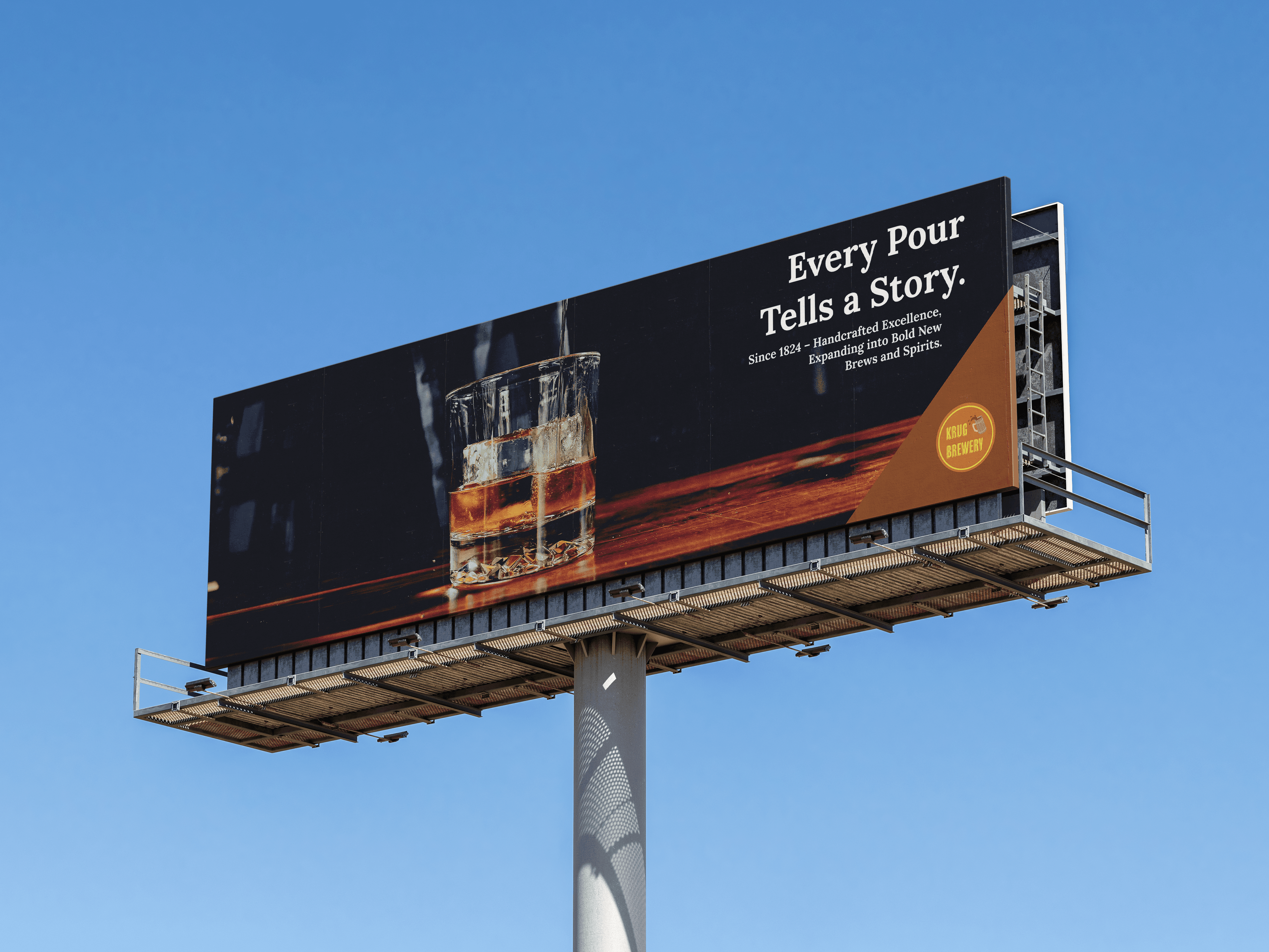 Krug Brewery advertisement – whiskey pouring into crystal glass with warm lighting and gold diagonal accent showcasing craft spirits heritage