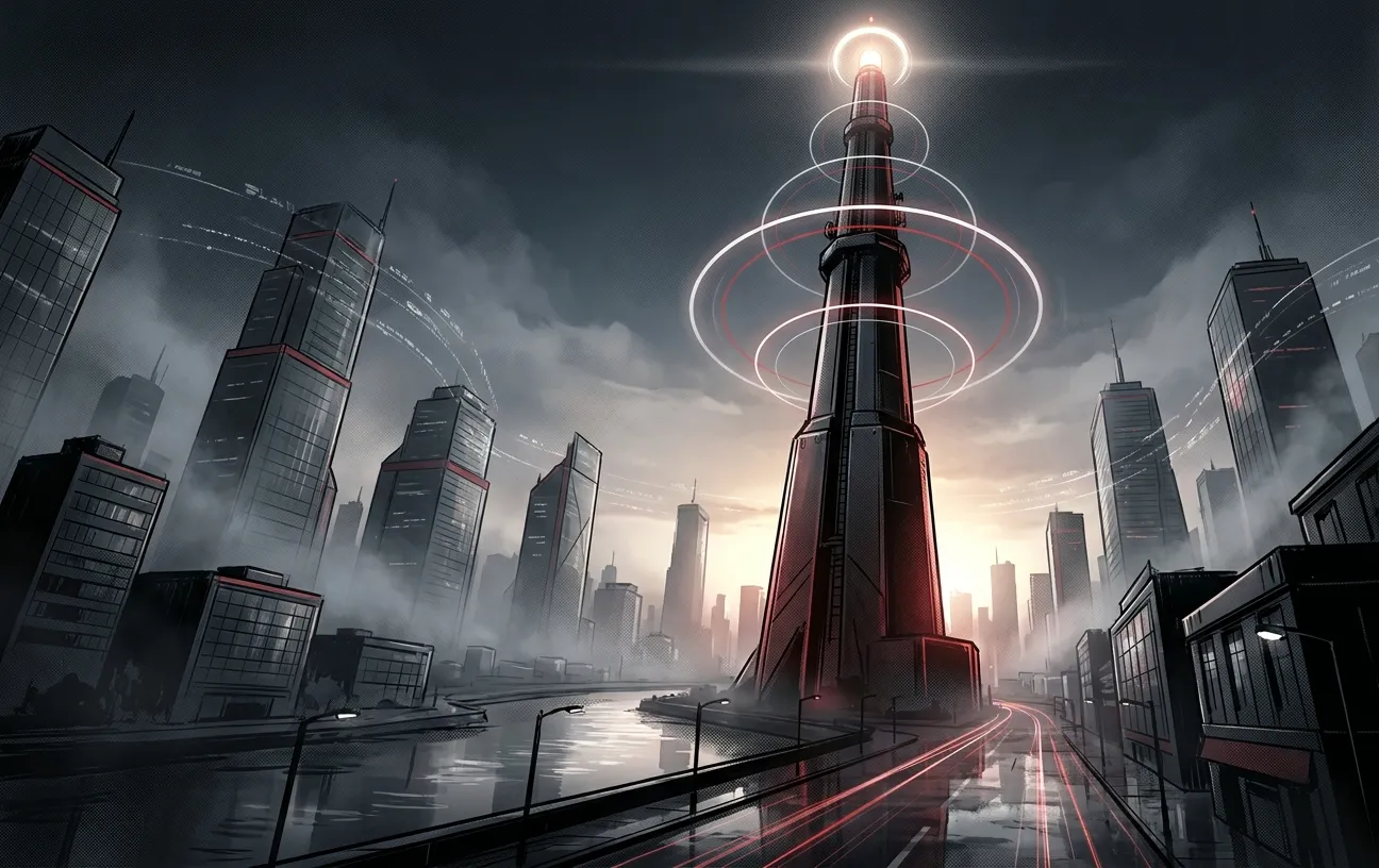 Futuristic tower with digital rings; RockN' Socials Digital Marketing Agency.