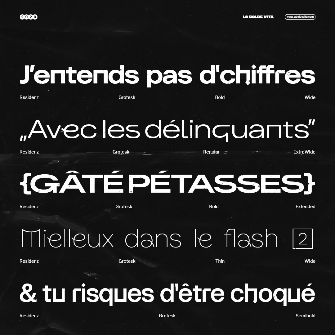 a high contrast type specimen showing different styles and alternates of Residenz Grotesk