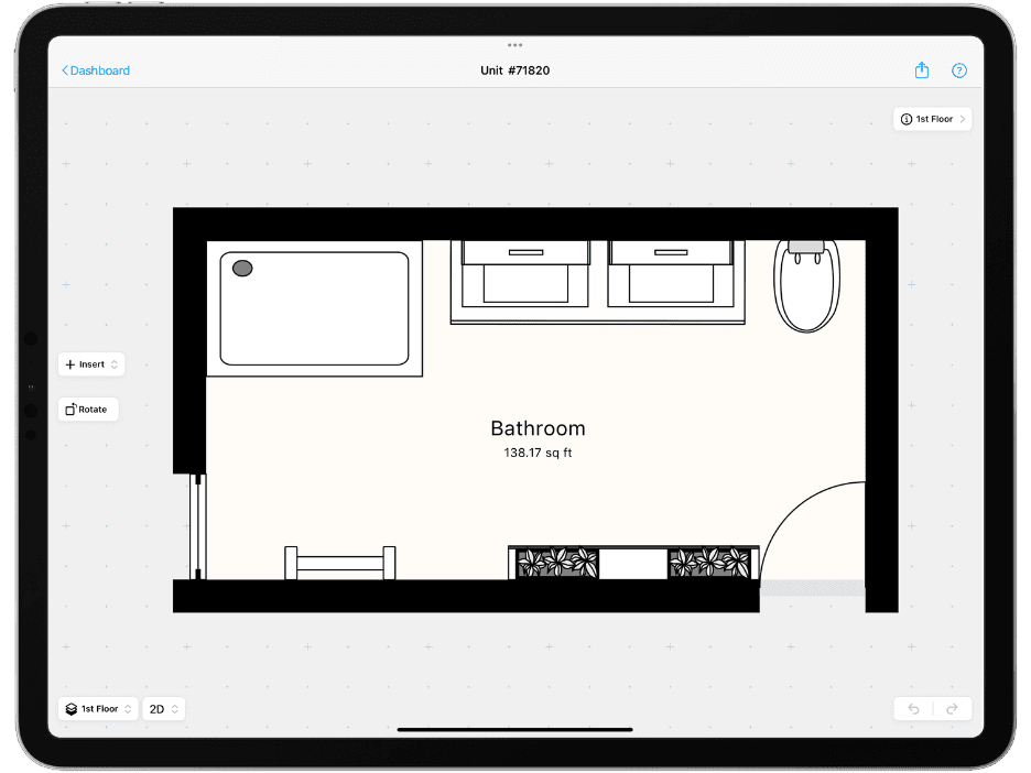 magic plan bathroom floor plan layout with fixtures, dimensions, and room spacing