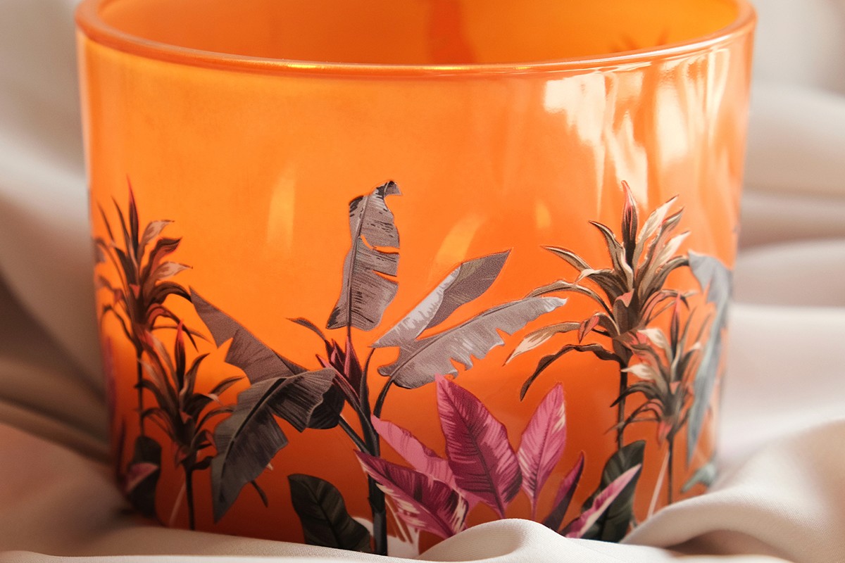 Uv dtf stickers, labels for Candle brand printed on glass with uv dtf printing.