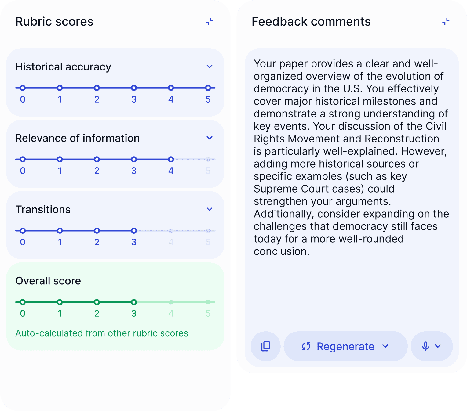 AI-generated rubric scores and written feedback for student assignments in EnlightenAI.