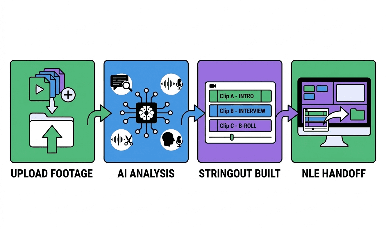 Four-step agentic video editing workflow: upload footage, AI analysis, stringout built with labeled clips, NLE handoff to editing software