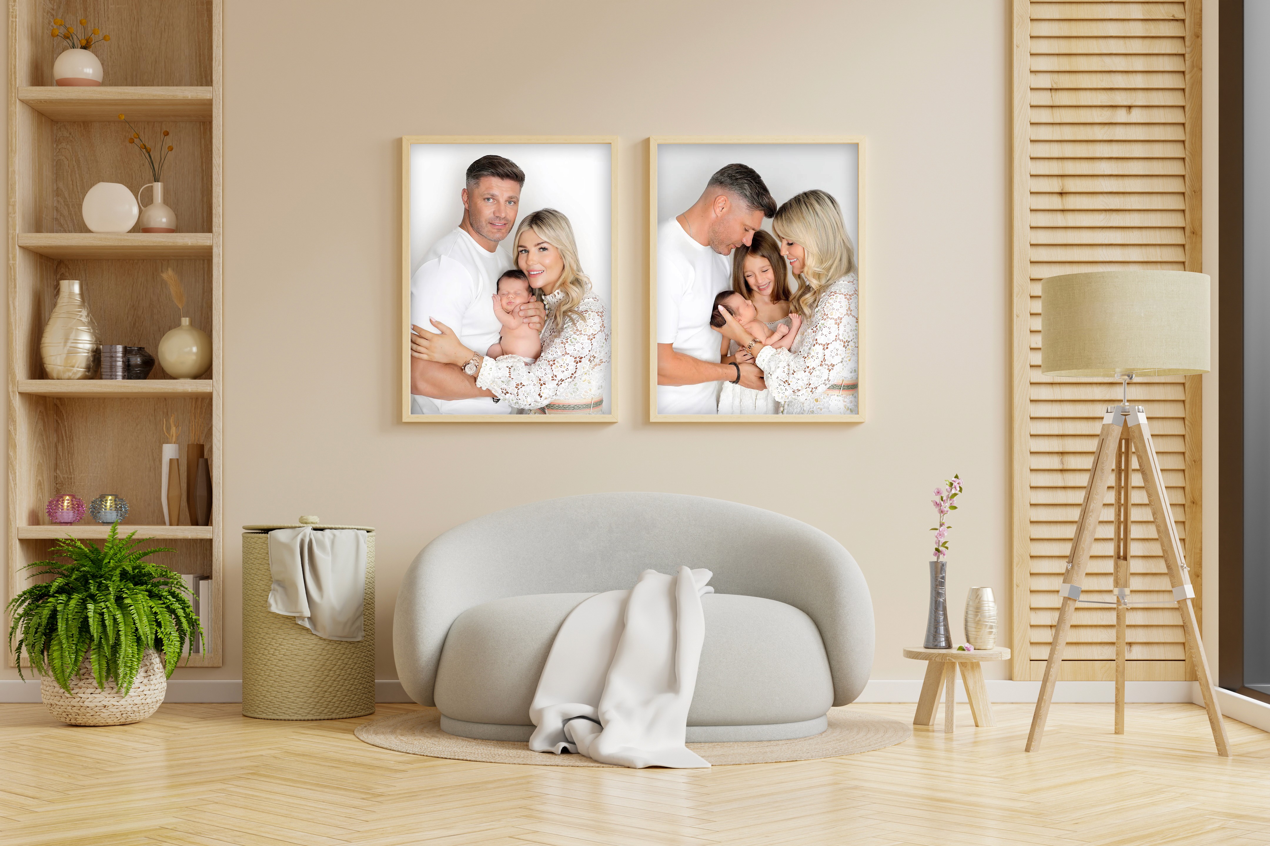 Modern family portrait captured by Mahvin Photography, highlighting minimalist photo wall ideas with a bright white backdrop.