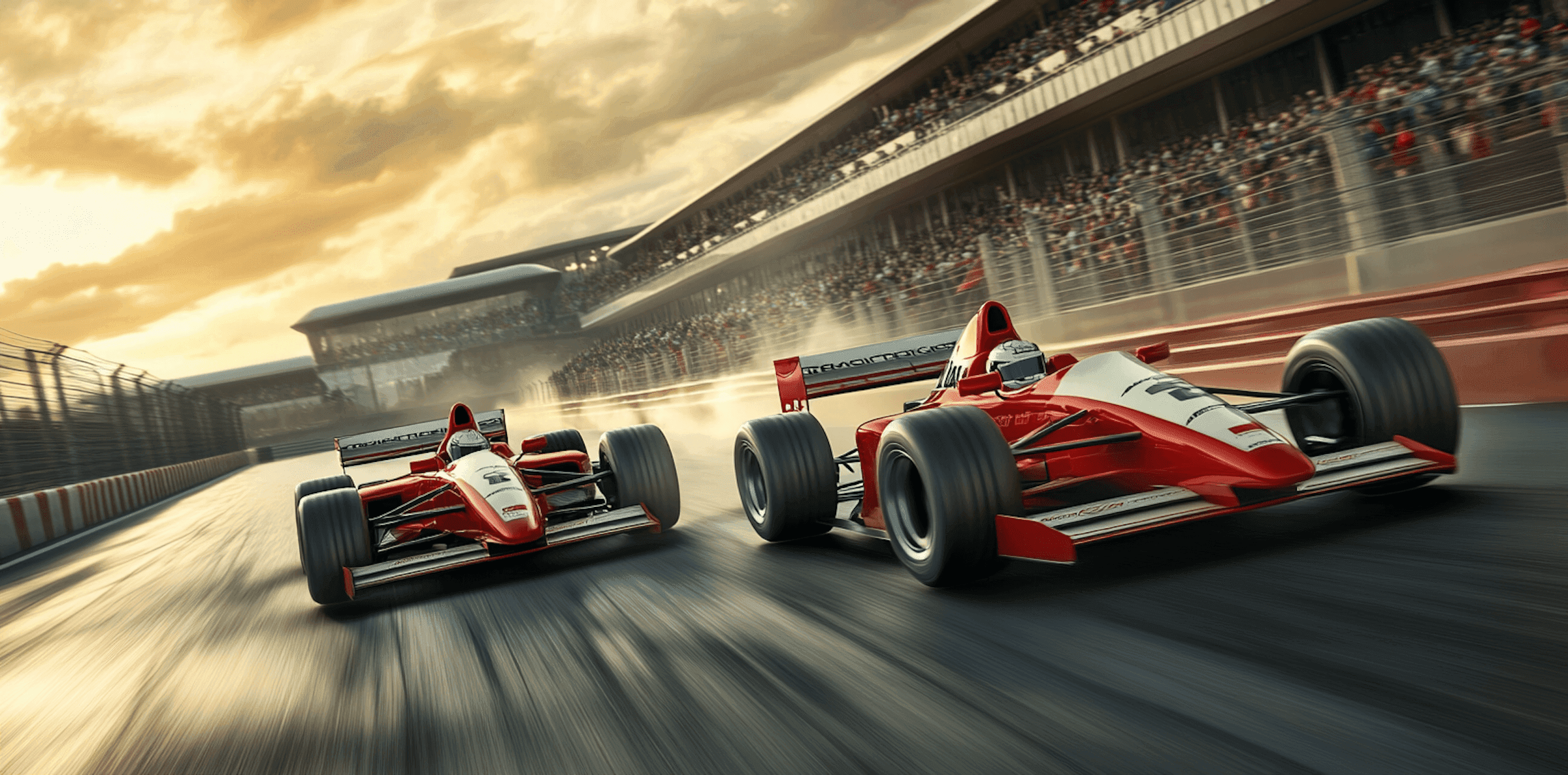 Two Formula cars competing on the track under golden light