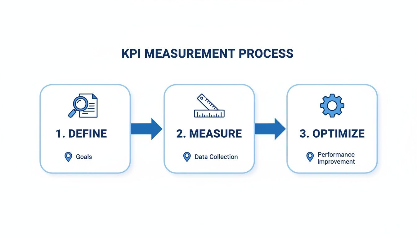 A three-step KPI measurement process flow: Define goals, Measure data, and Optimize performance.