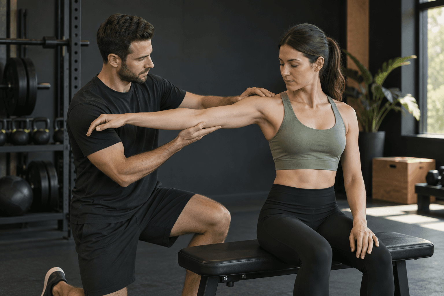 Coach assessing a client's shoulder mobility