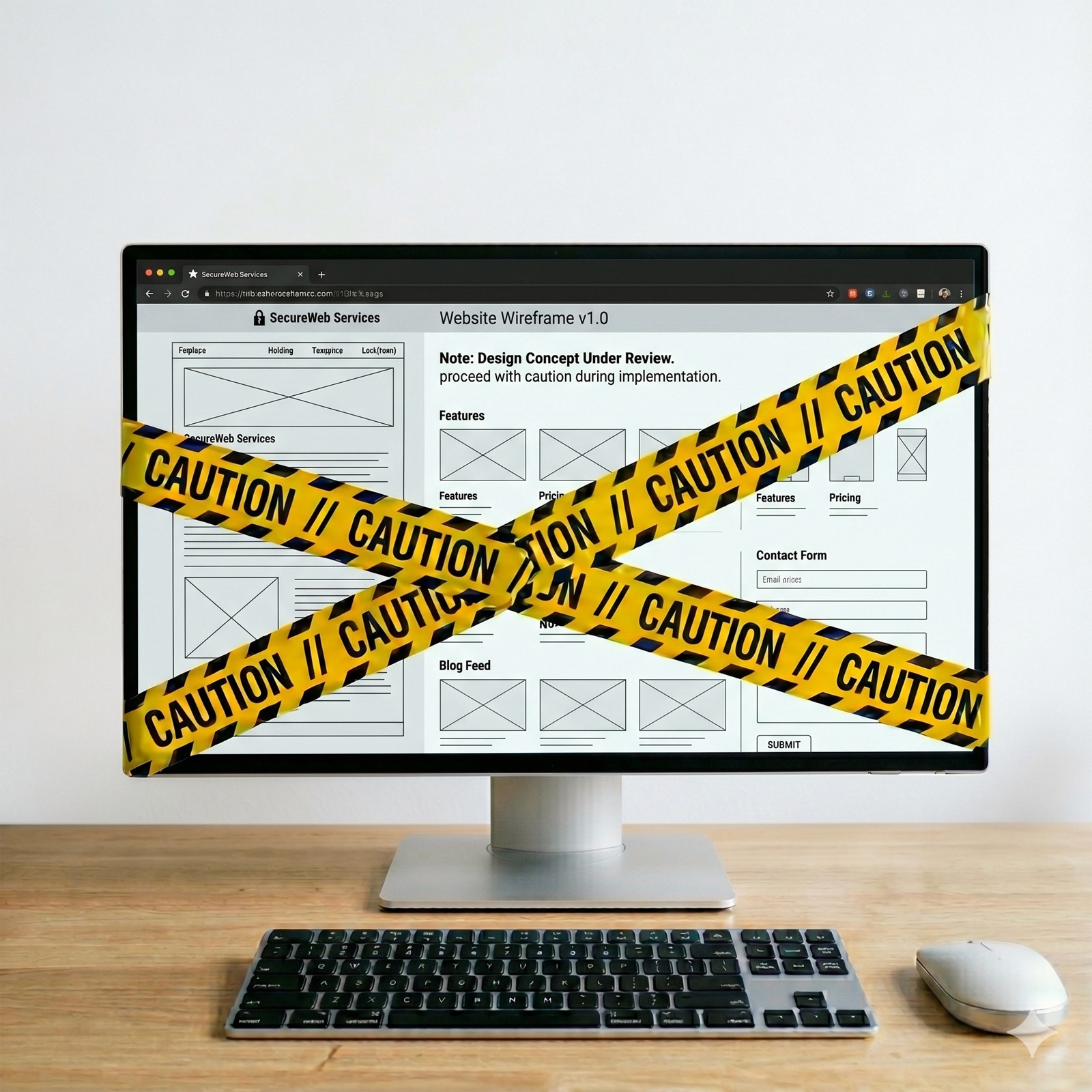 Image of a web design wireframe with caution tape.