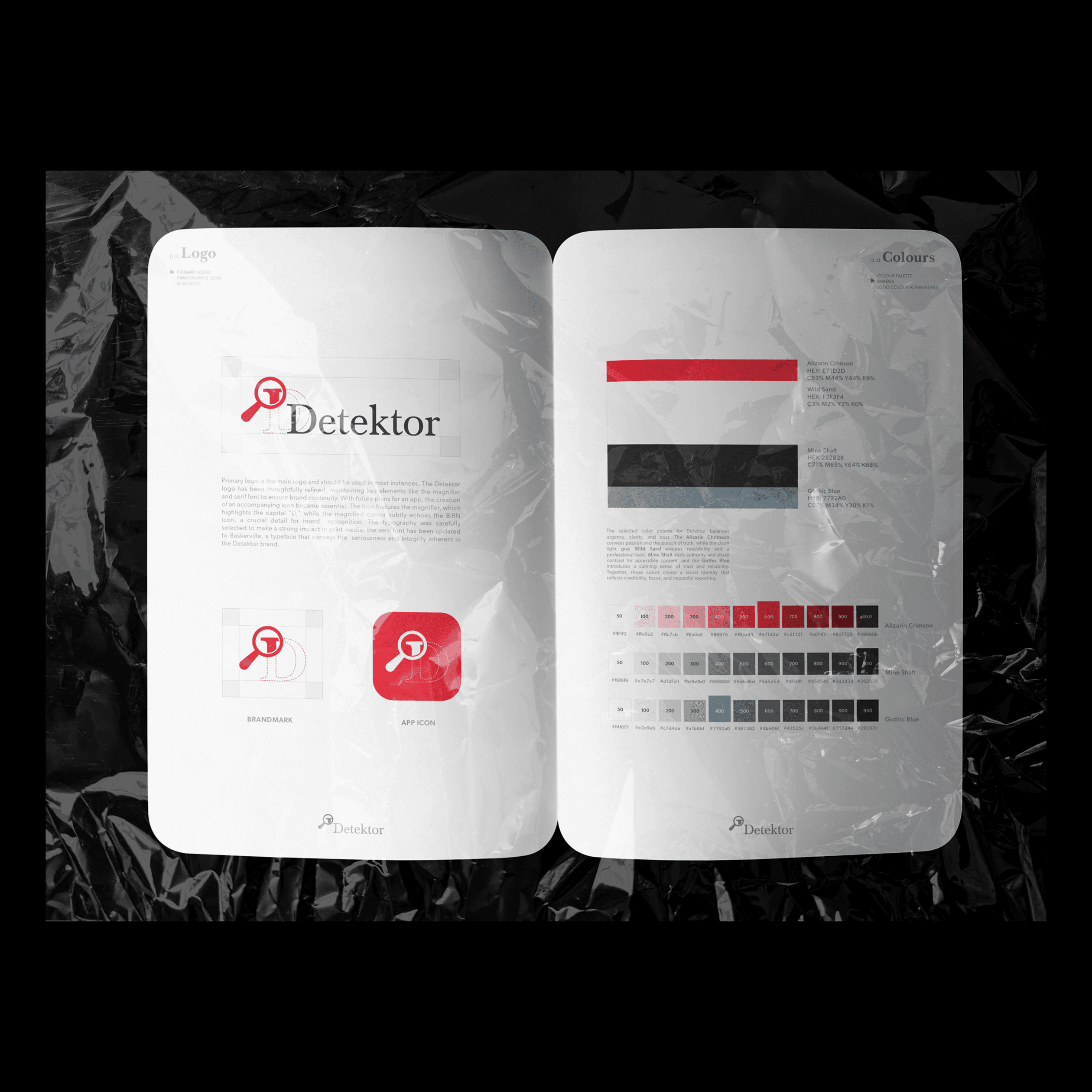 A spread from Detektor's brand guidelines document, showcasing their logo variants and color palette.