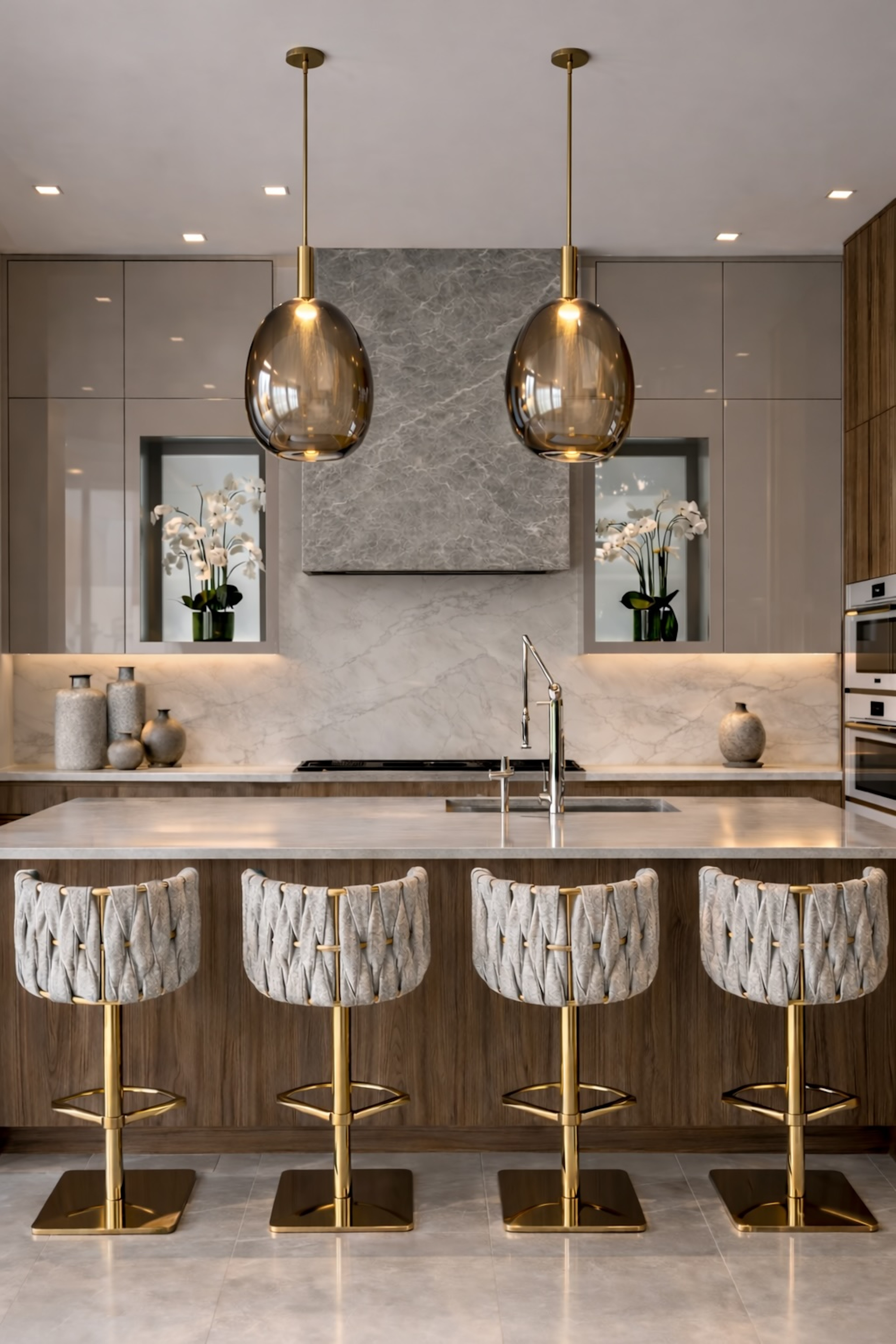 Warm minimalist kitchen with upholstered barstools, brass pendants, and soft marble finishes.