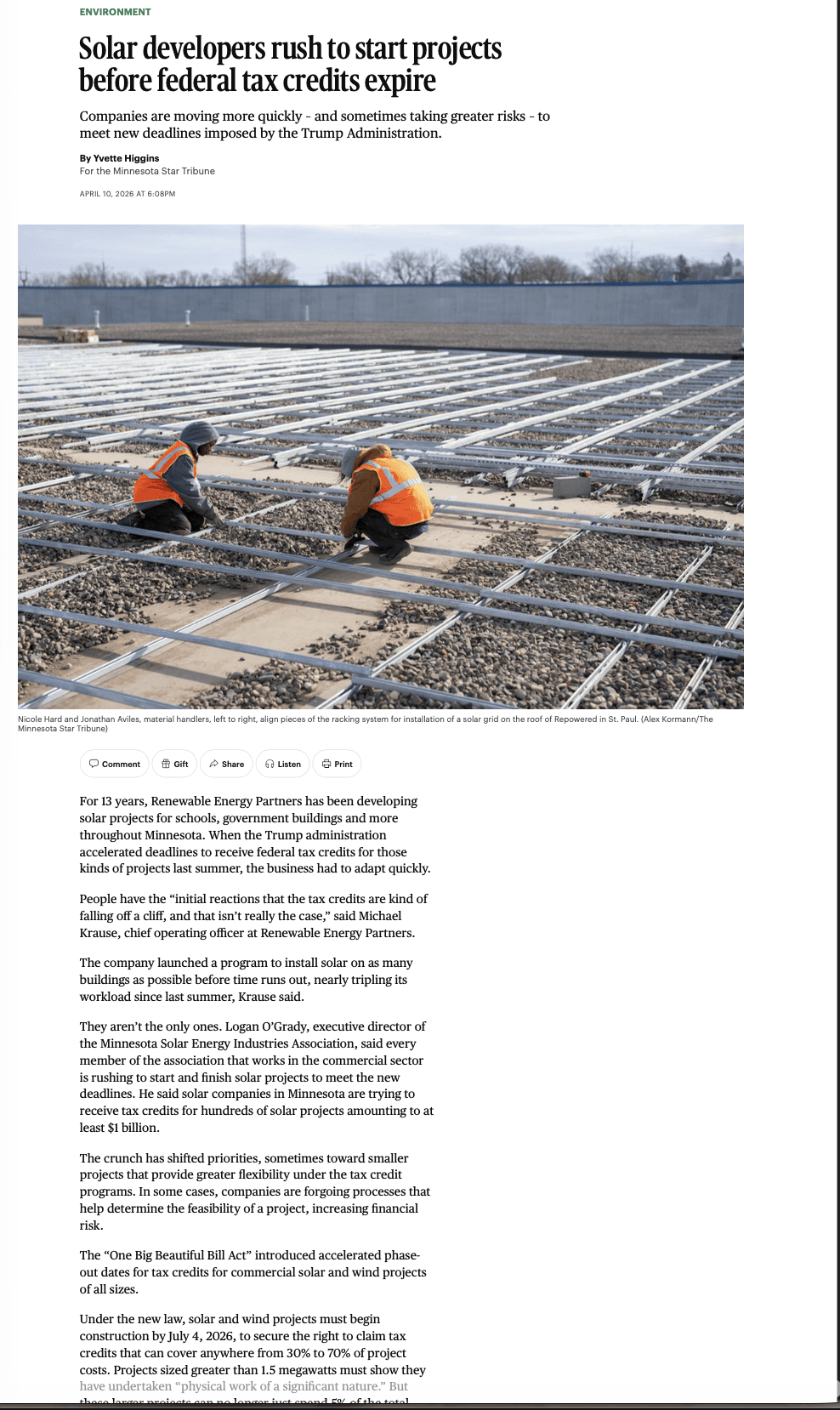 Minnesota Star Tribune article screenshot about solar developers and federal tax credits