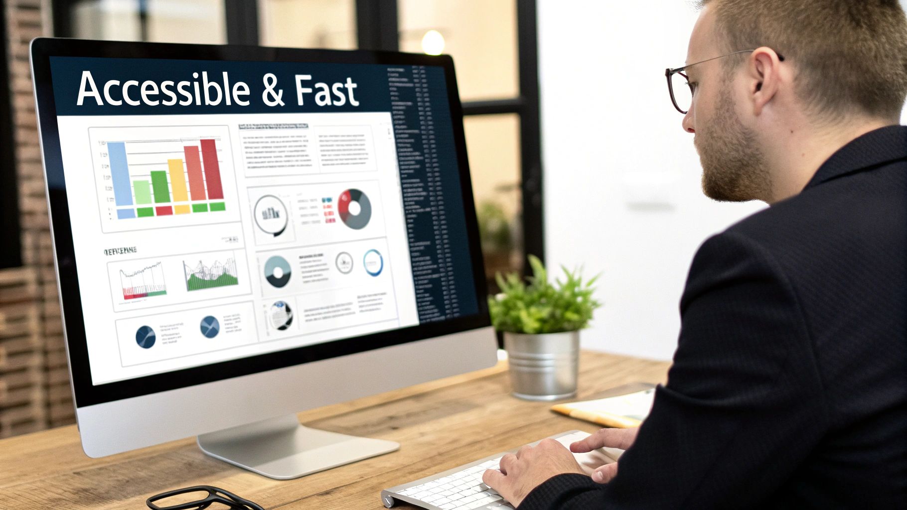 A man works on a computer displaying charts and graphs with 'Accessible & Fast' text.