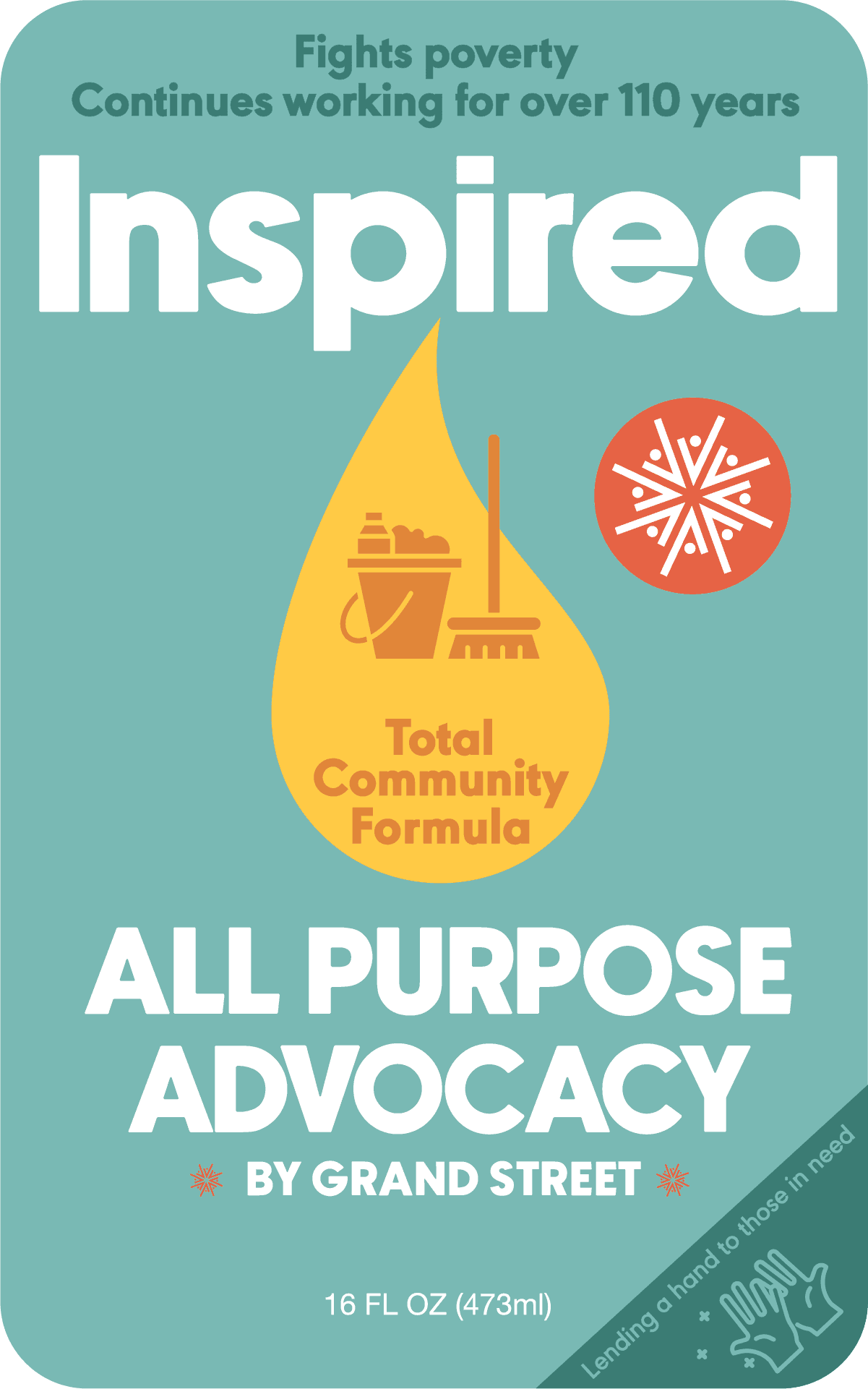 Whimsical design for a cleaning solution spray, Inspired: All-purpose Advocacy by Grand Street. The front and back of the spray bottle detail areas where Grand Street conducts advocacy work. Detailed description below.