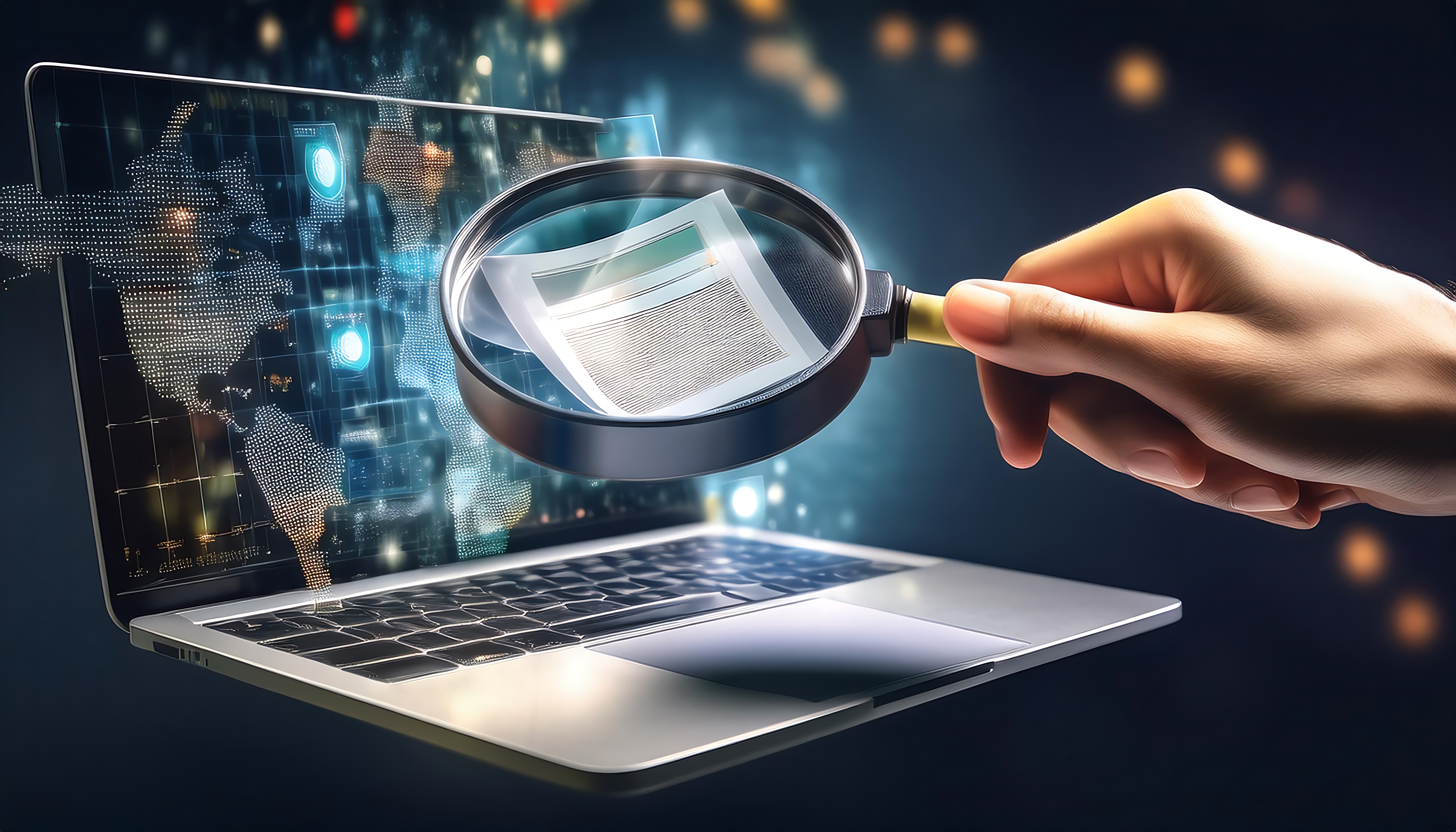 Magnifying glass hovering over digital documents on a laptop screen with global data visuals, representing how real-time sanctions screening eliminates processing lag and strengthens AML compliance.