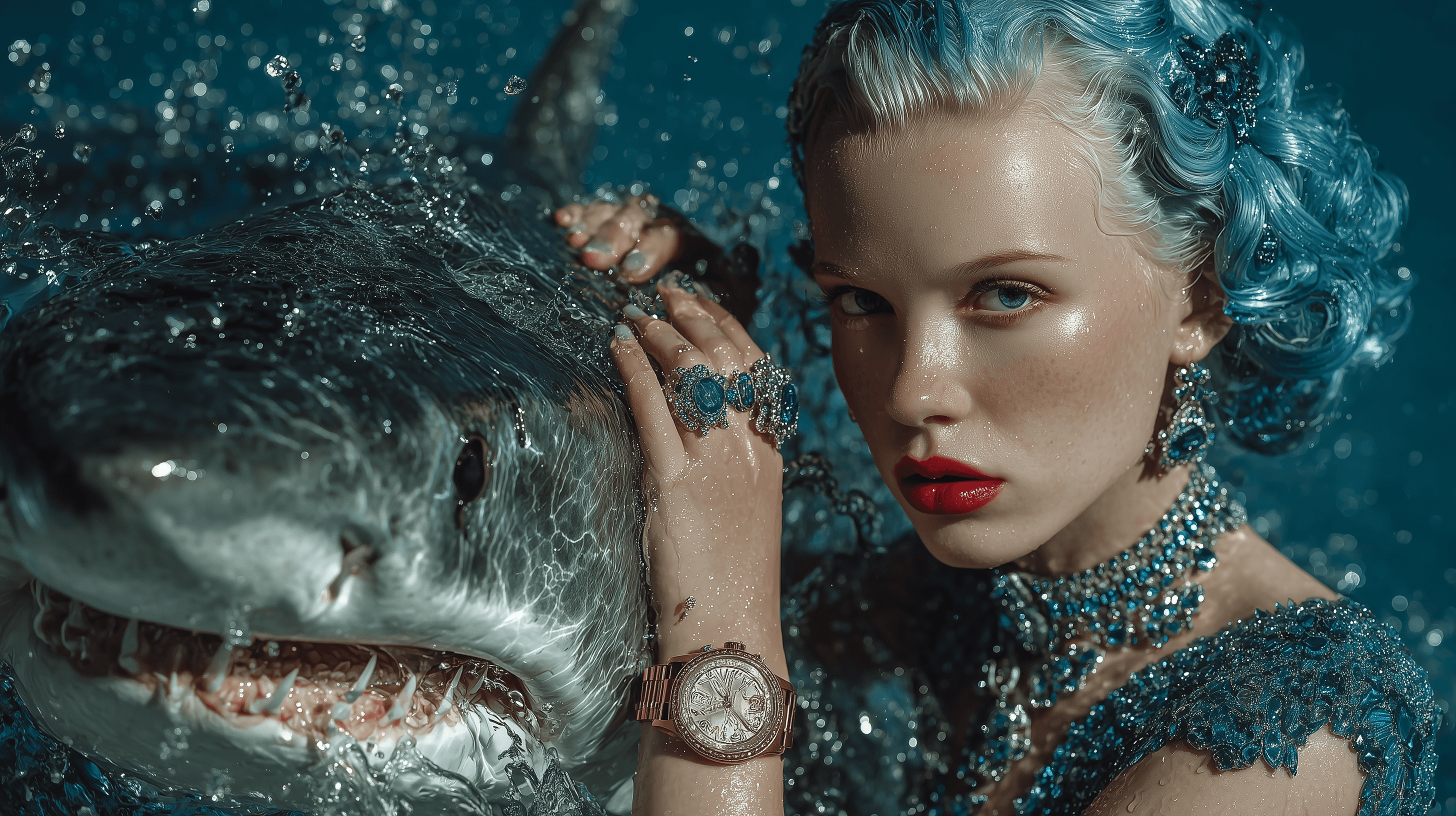 Beautiful Lady Holding Shark Against Blue Backdrop With Water Splash