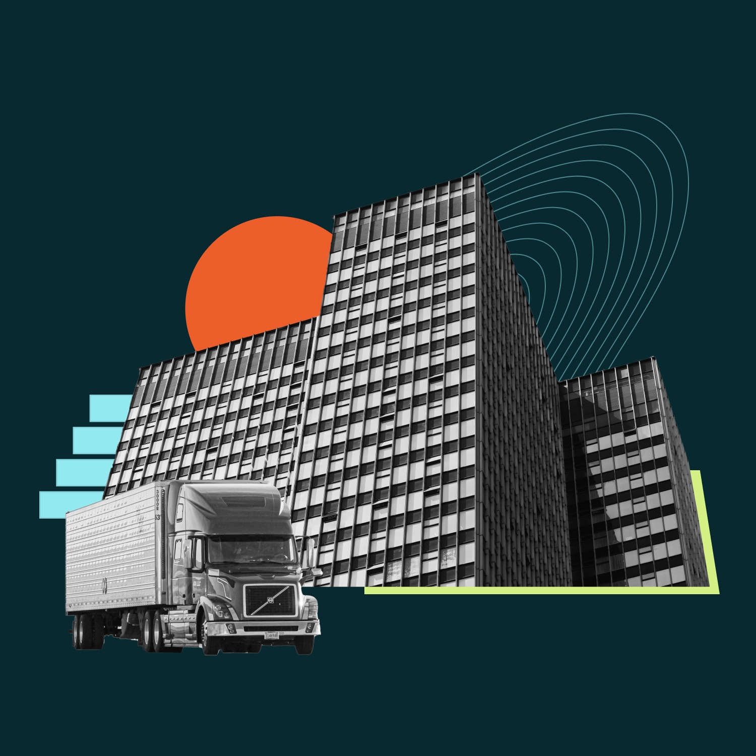 Collage illustration featuring a building and truck